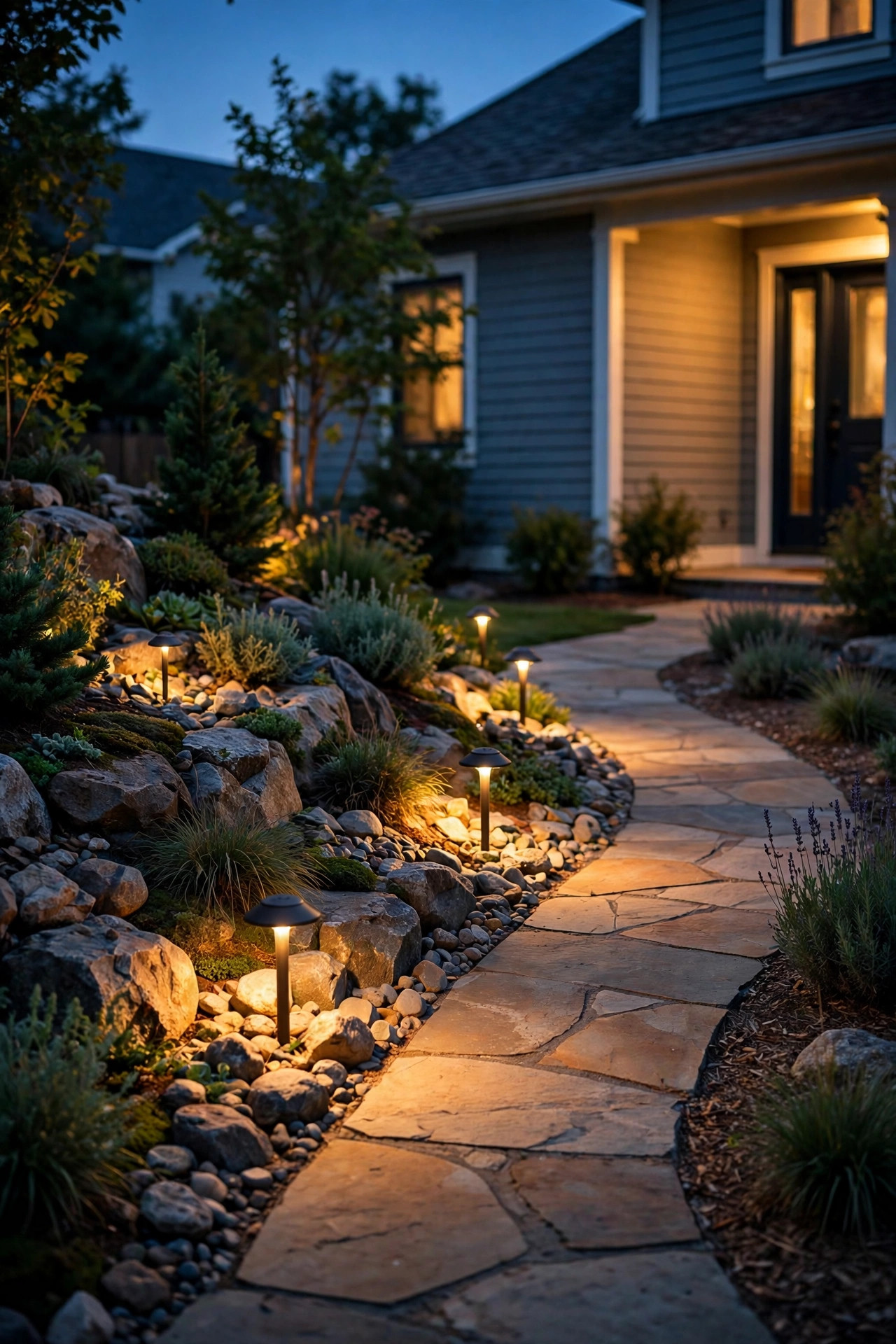 Low path lights nestled in a rock garden washing warm light over stones beside a front walkway