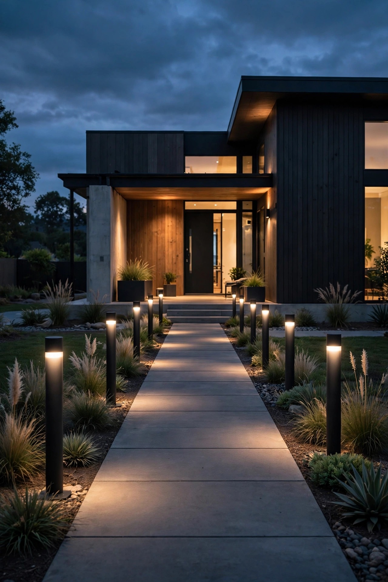 Minimalist matte black bollard path lights spaced along a modern front walkway leading to a warmly lit porch at dusk
