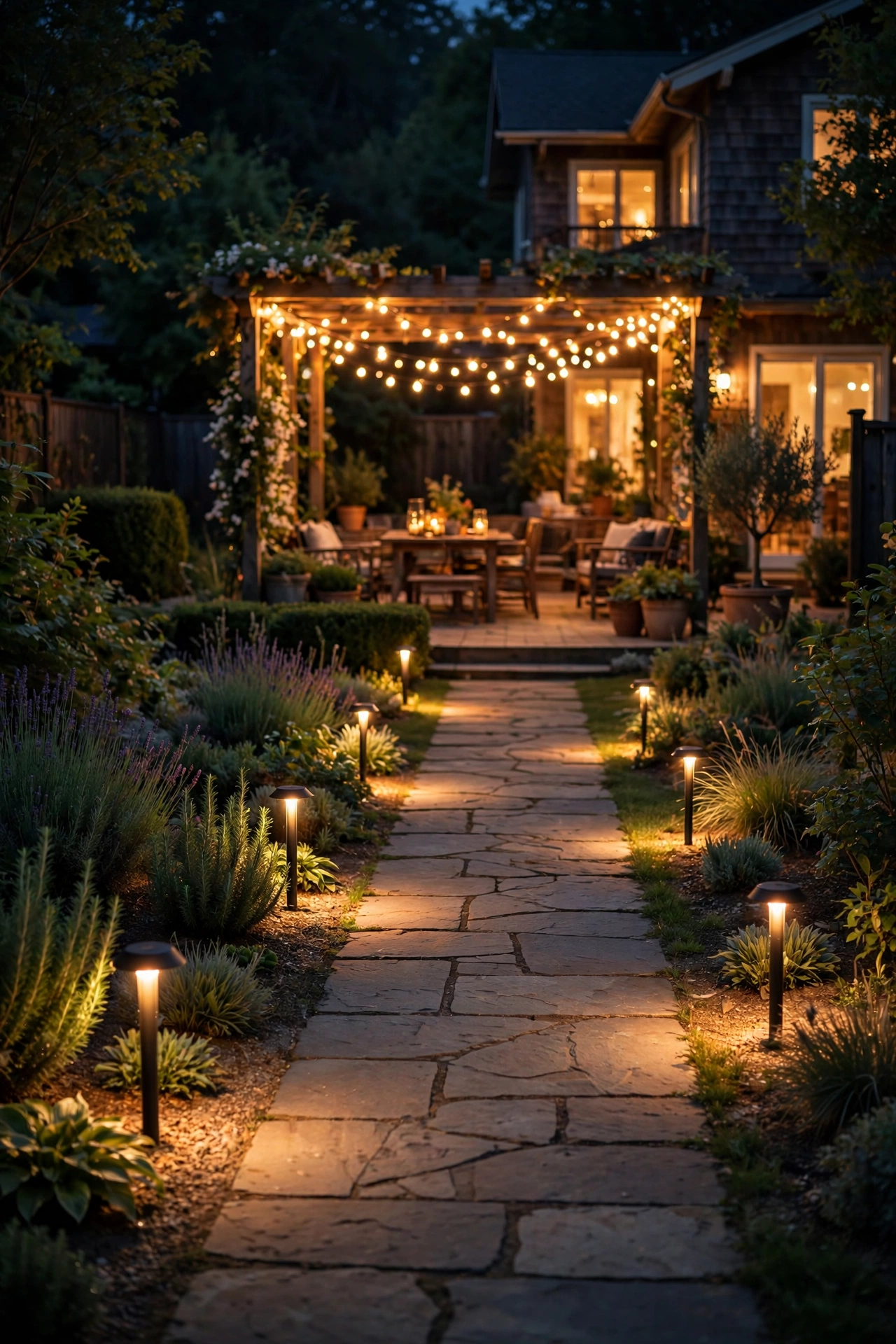 Walkway lined with glowing path lights guiding guests to a backyard party at night