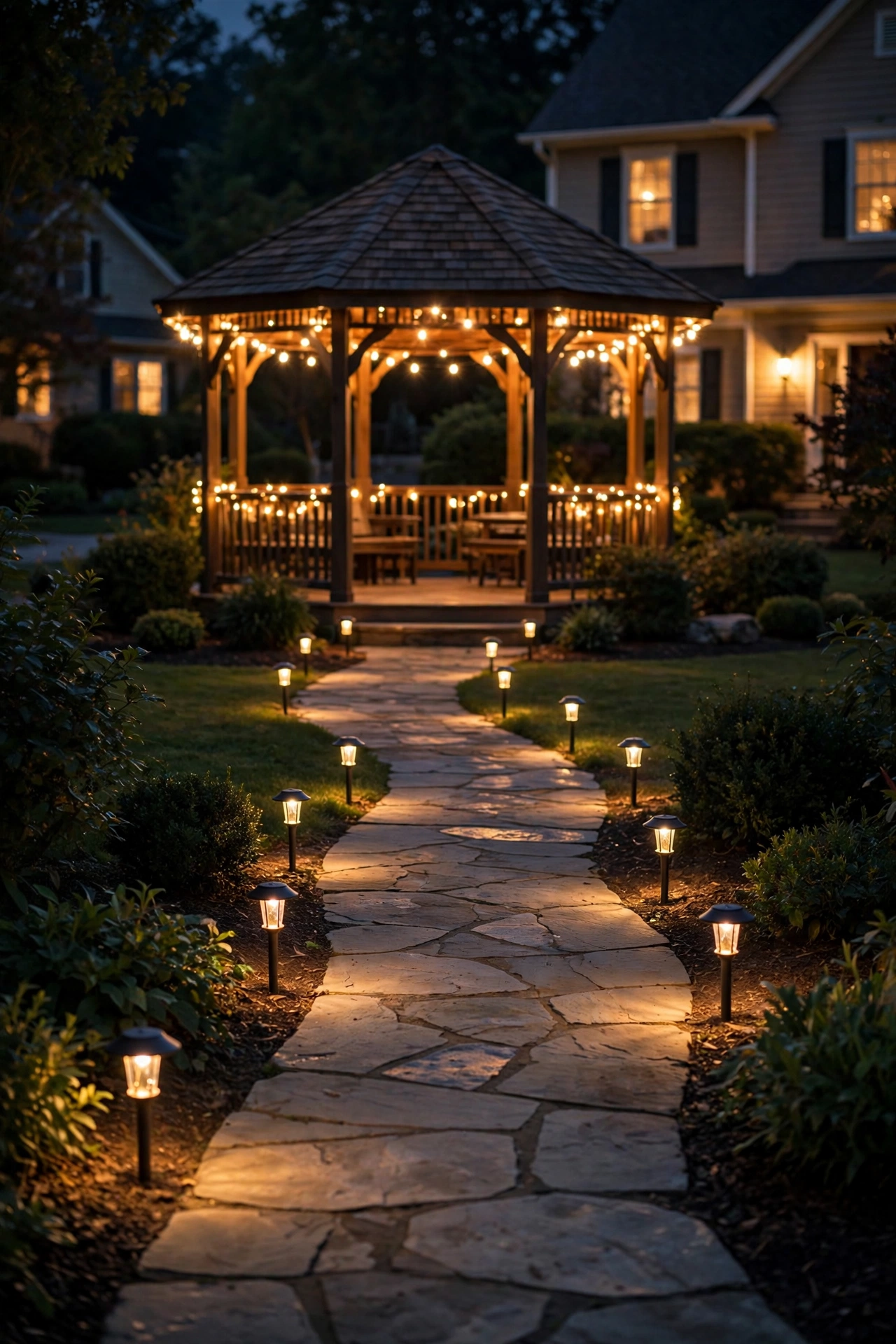 Warm pathway lights lining a garden walkway leading to an illuminated gazebo