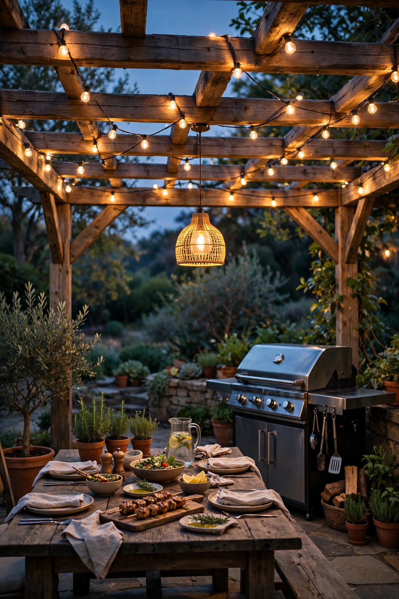 Pergola over a barbecue dining area with string lights wrapped along the beams and a pendant glowing