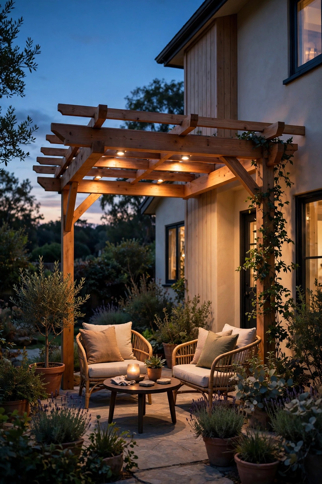 Small pergola over a guest house patio with warm downlights washing over a seating area at dusk