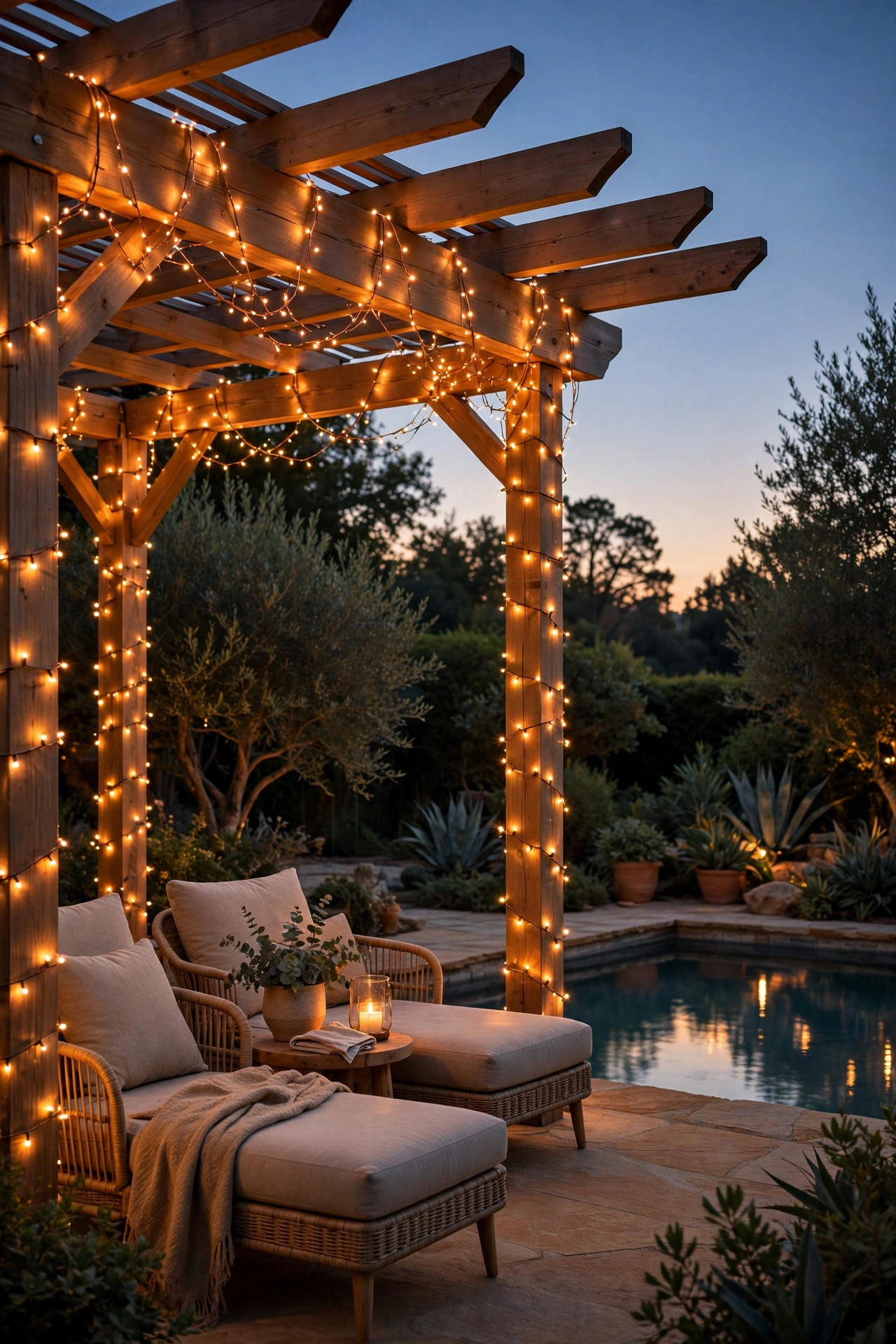 Pergola beside a pool wrapped in warm copper-wire fairy lights with lounge seating at dusk