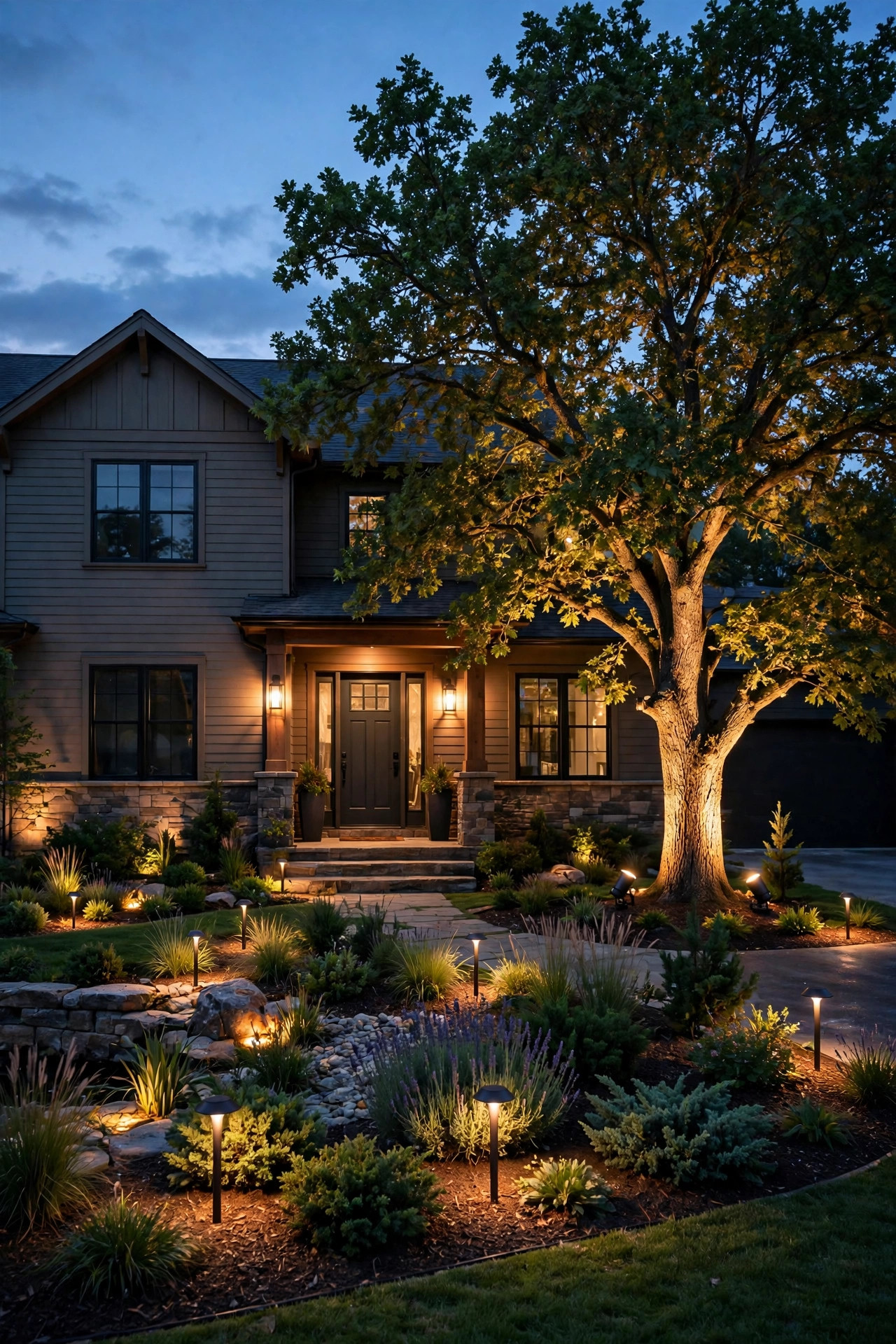 Front yard landscape lighting installed in phases with the entry and hero tree lit first and garden zones added later
