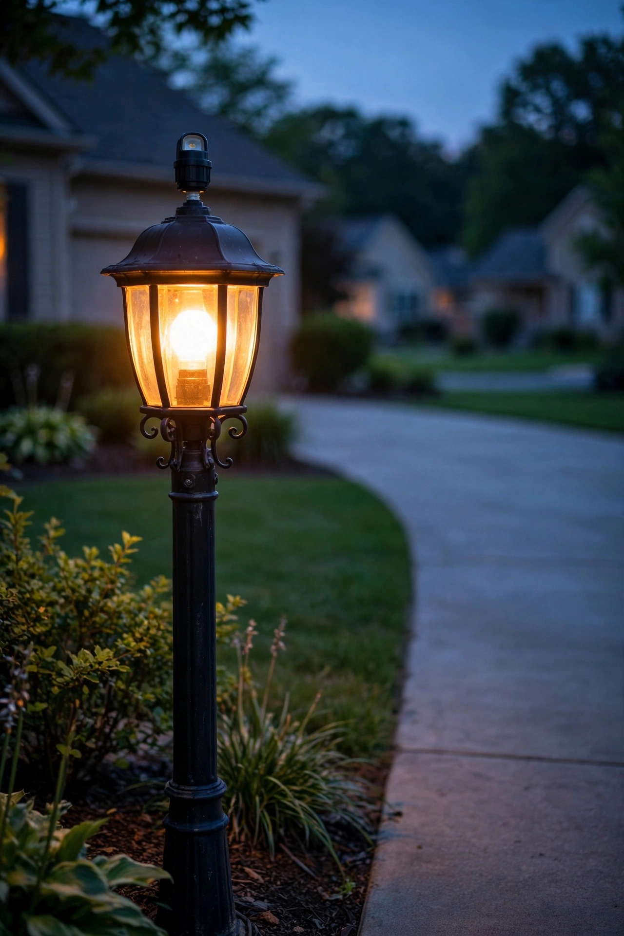 Photorealistic dusk view of a classic lamp post light beside a suburban driveway glowing warm white through a screw-in photocell socket adapter, front yard at twilight