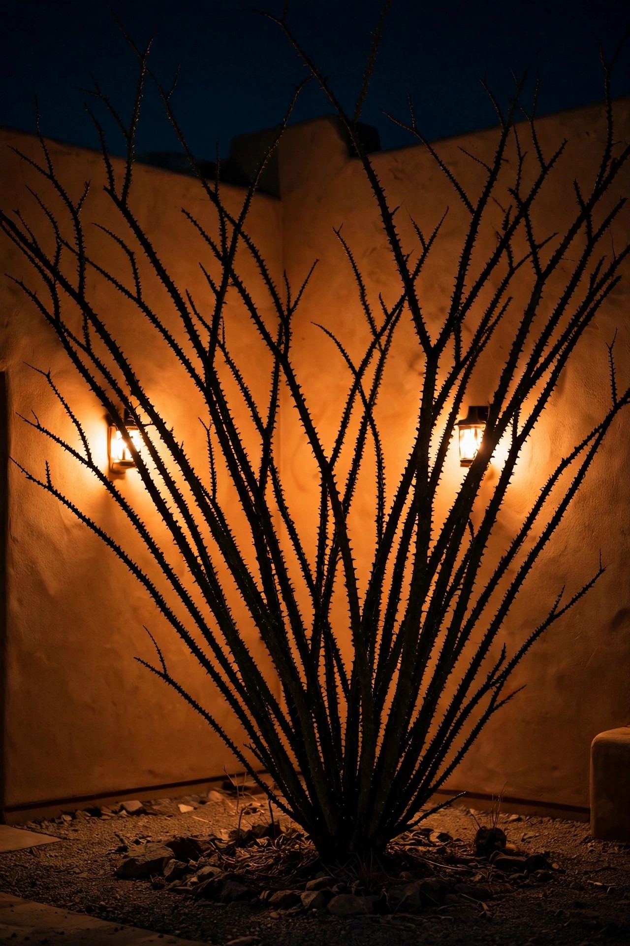 Ocotillo plant in dramatic black silhouette against a warm glowing stucco wall at night in a desert courtyard