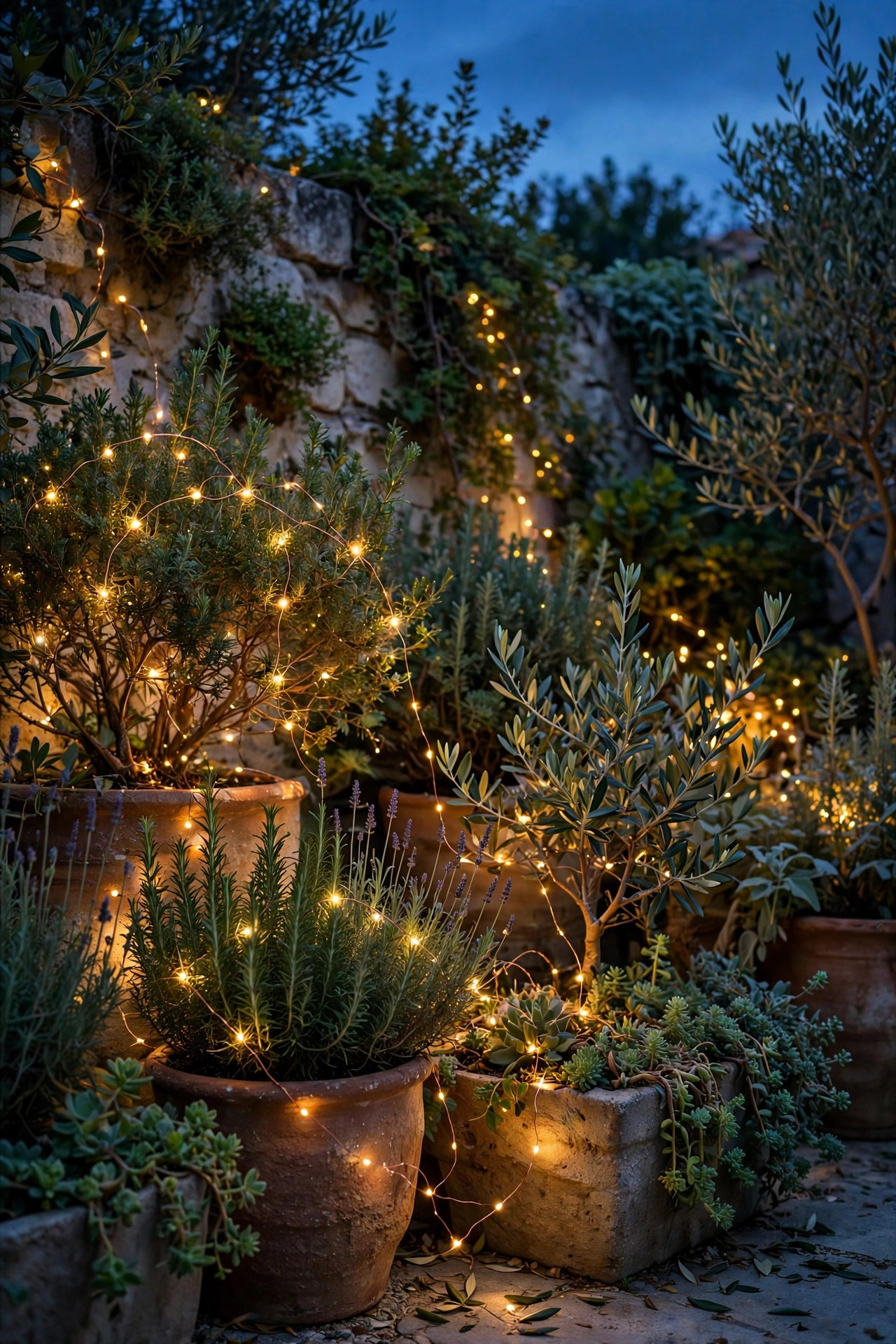 Copper wire fairy lights woven through courtyard planters and shrubs, tiny warm points of light at dusk