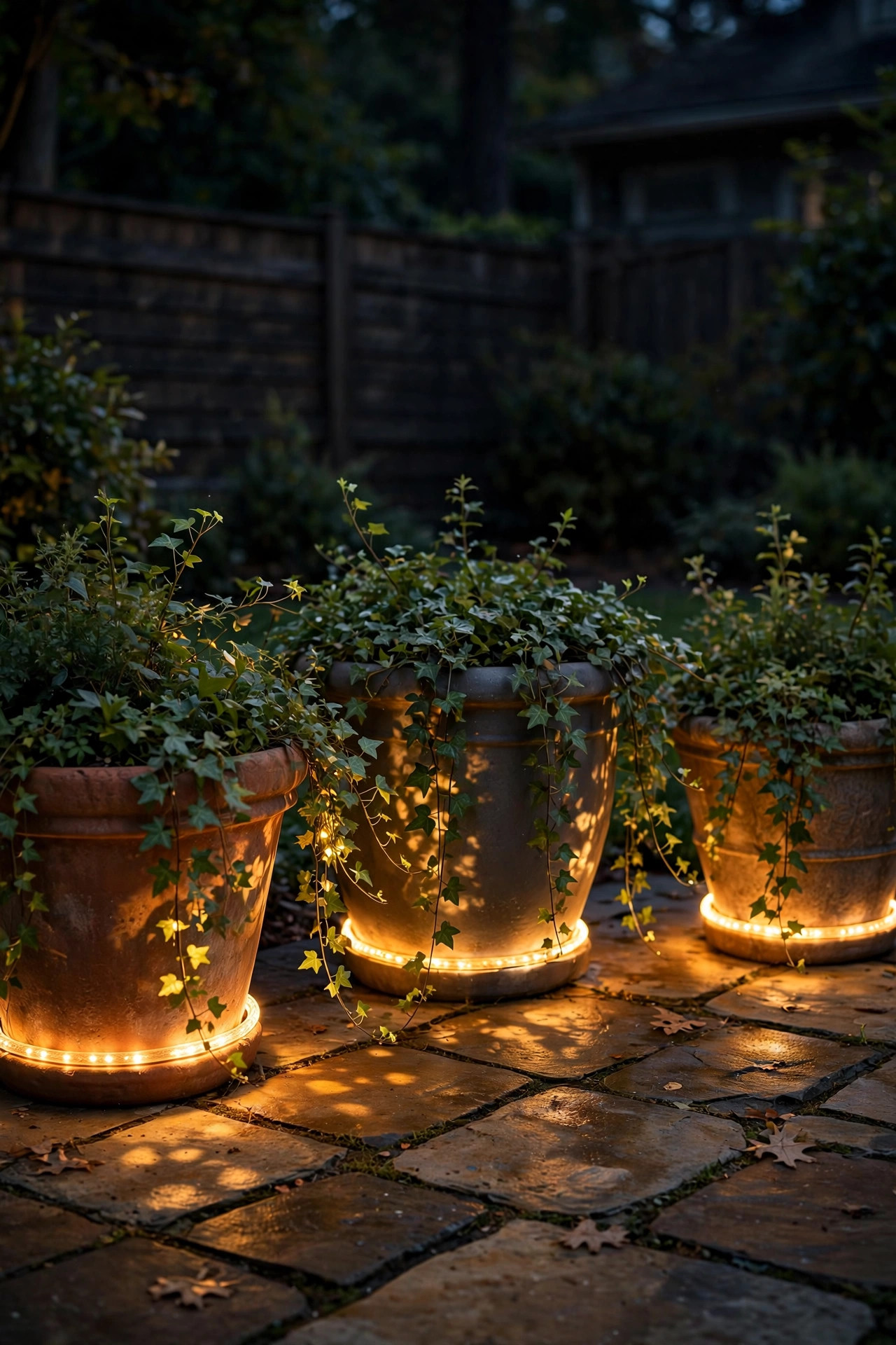 Patio planters at night with rope light glowing around their bases, light filtering through foliage