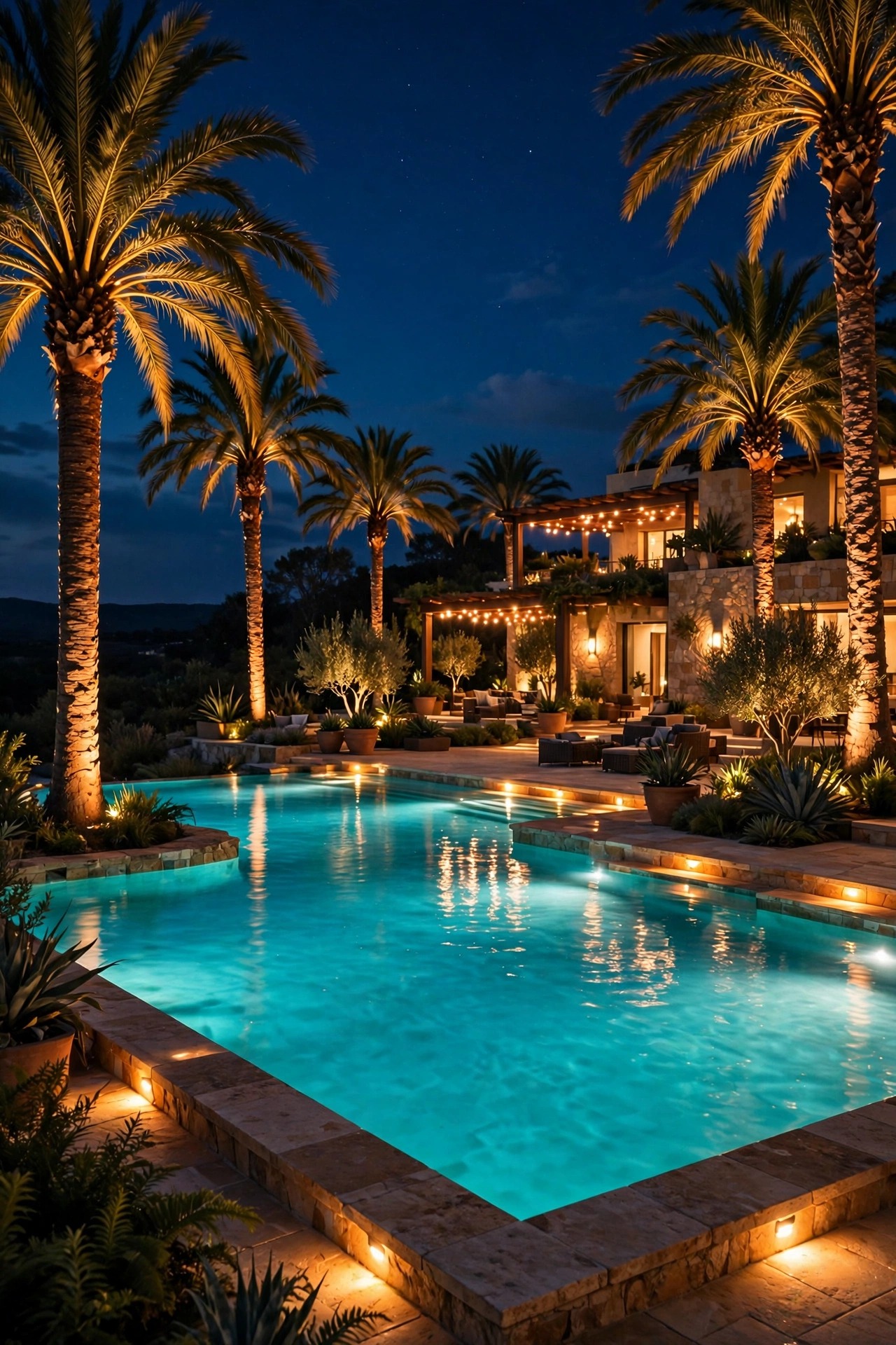 A resort-style swimming pool glowing warm turquoise at night on a luxury estate terrace, with uplit palm trees and soft deck lighting