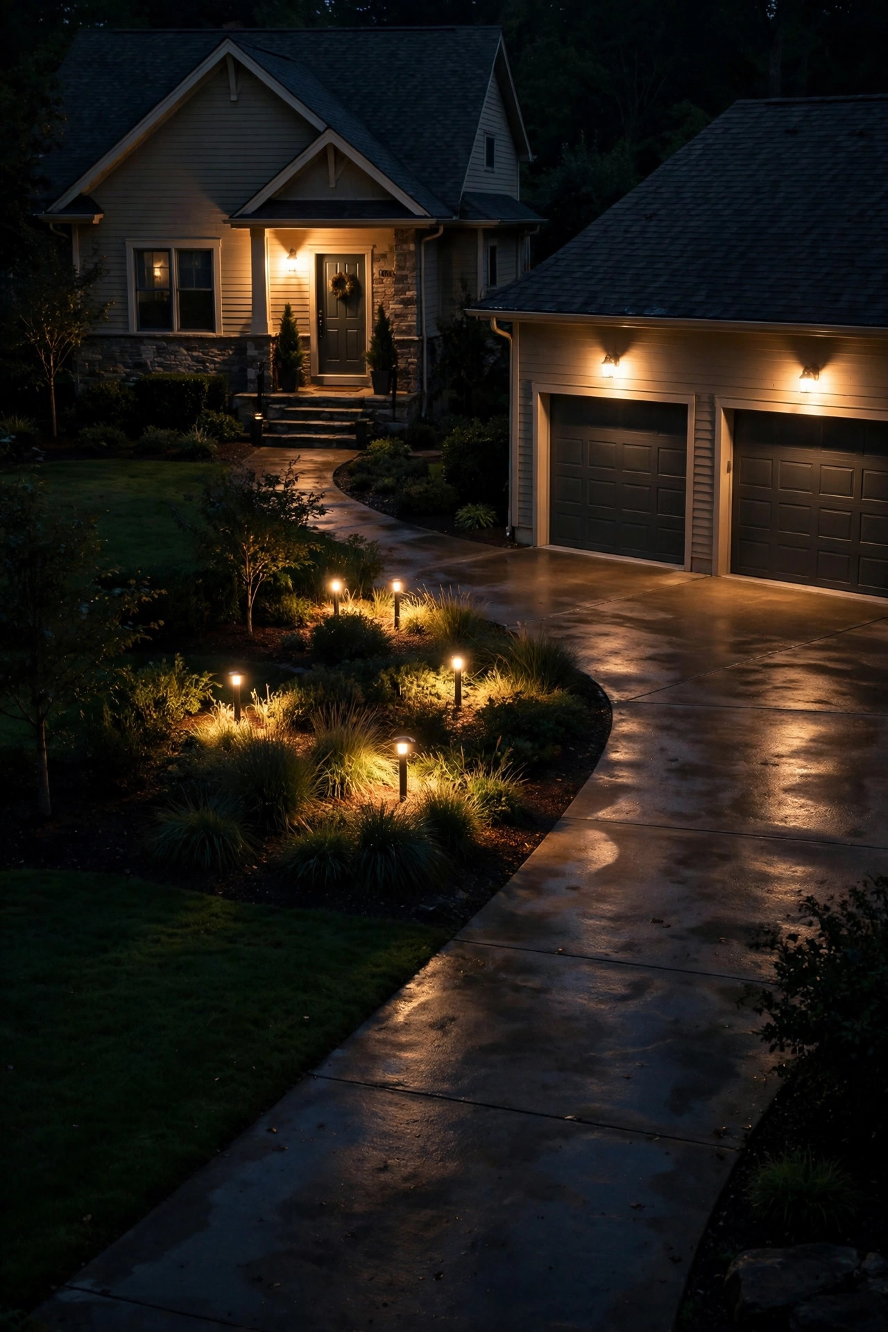 Driveway at night with grouped pools of warm light and soft shadow between clusters