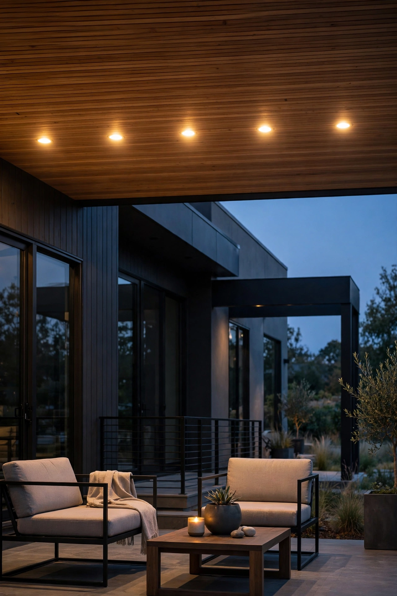Recessed downlights in a modern porch ceiling casting even pools of warm light