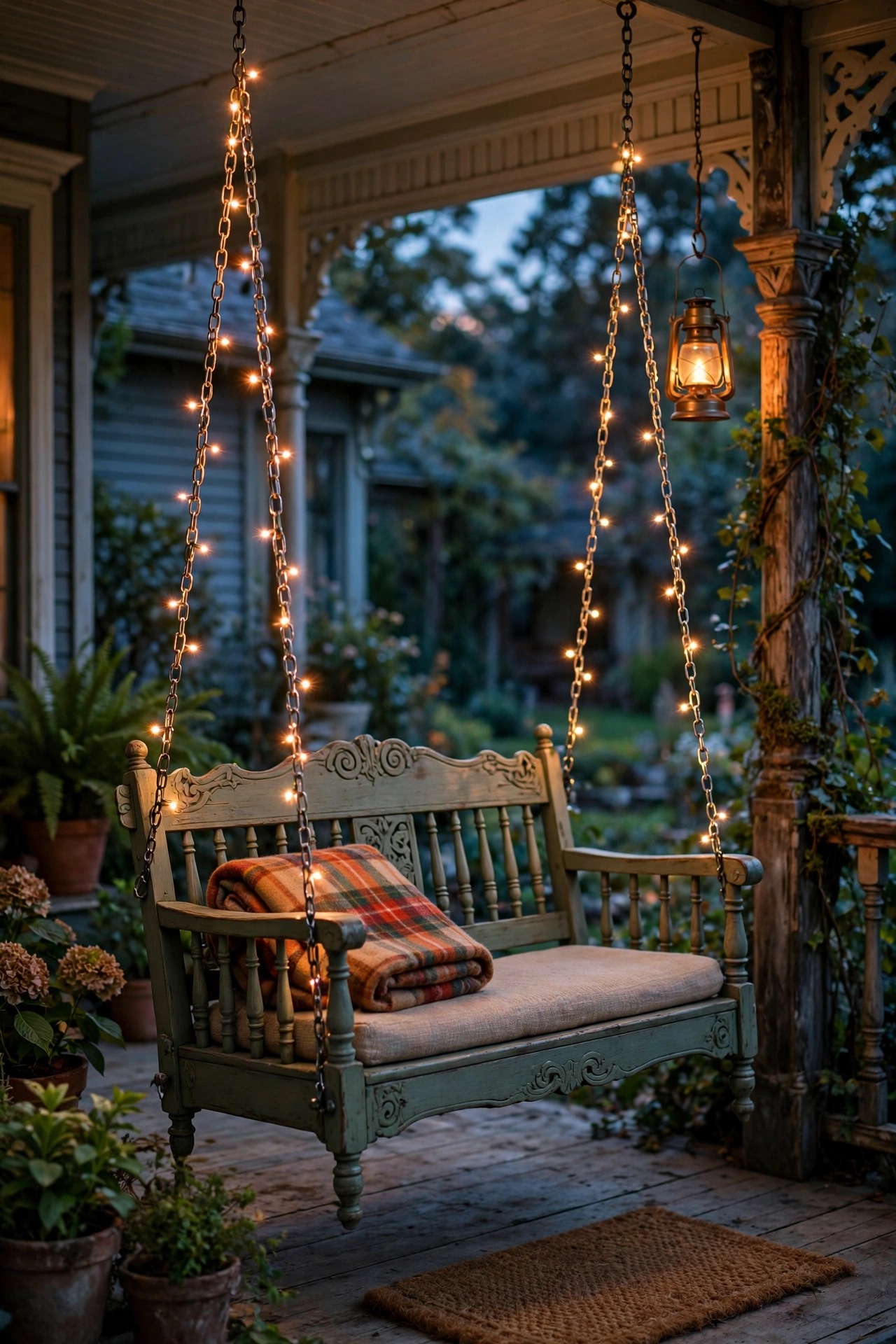 Victorian porch swing at dusk lit by a small warm lantern and fairy lights along the chain, with a folded throw