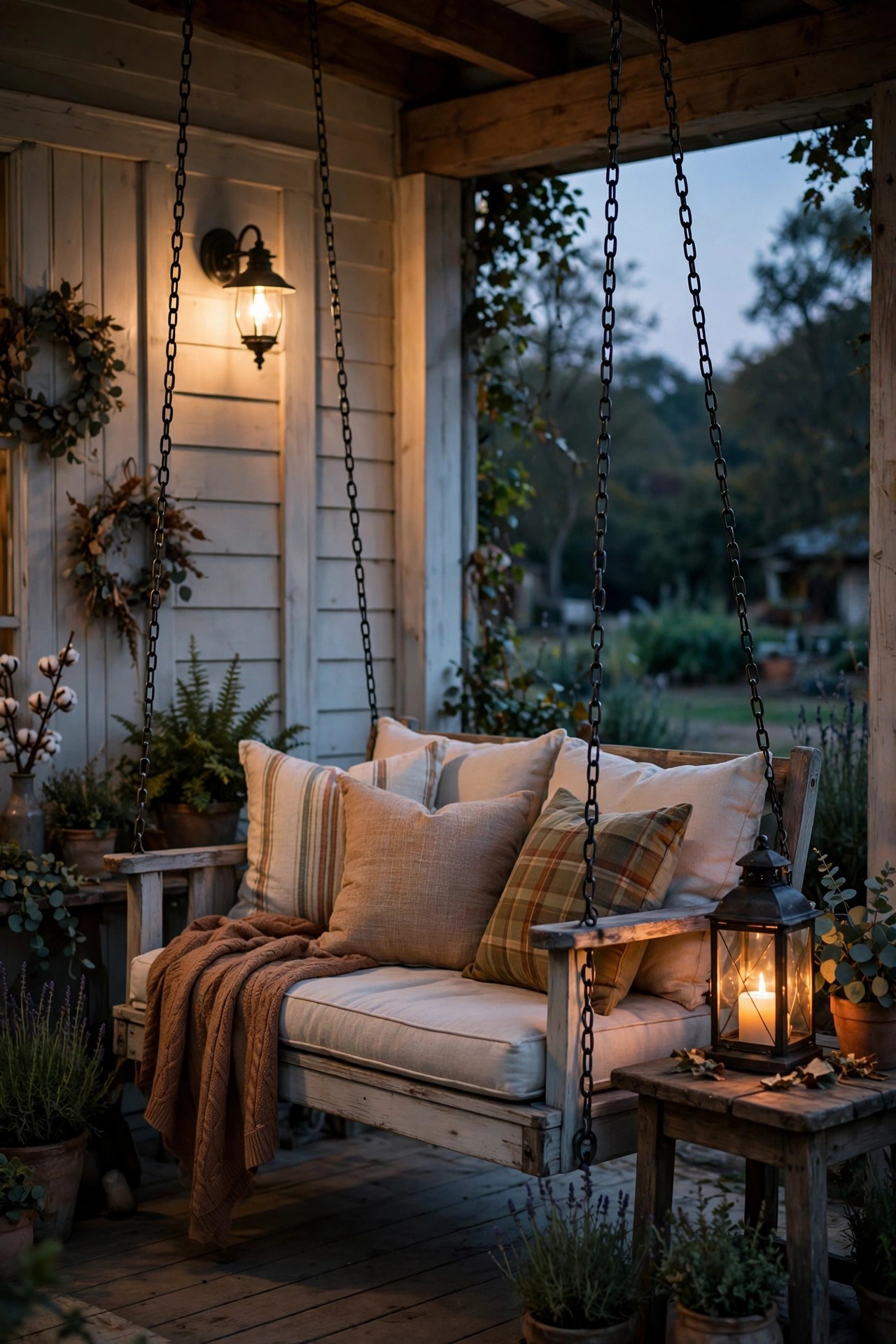 Farmhouse porch swing with soft dimmed sconce light and a lantern on the side table at dusk