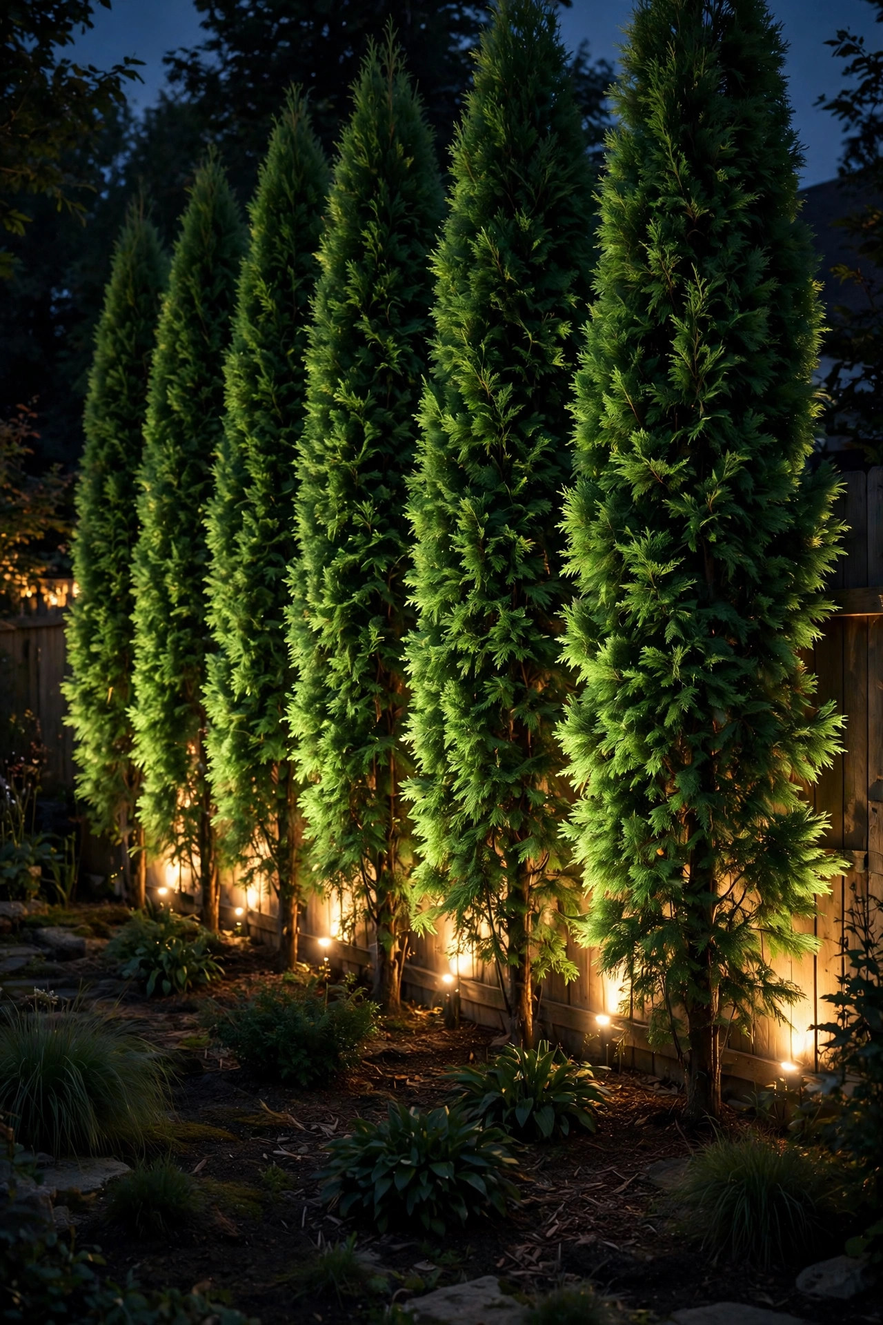 Row of arborvitae privacy trees at night backlit from behind, forming a glowing green wall along a backyard fence