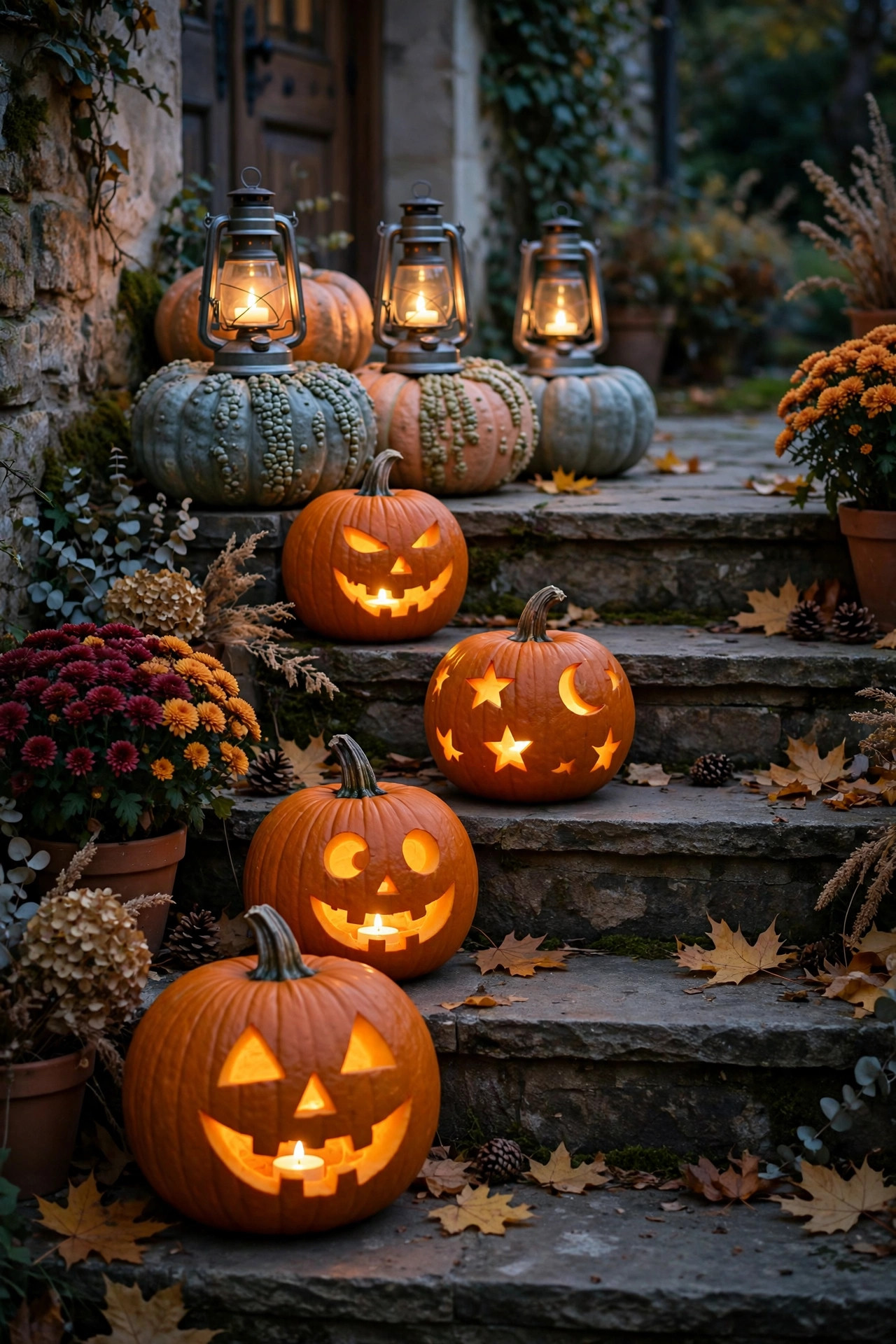 Carved pumpkins with warm LED tea lights glowing inside arranged along patio steps with lanterns on heirloom pumpkins