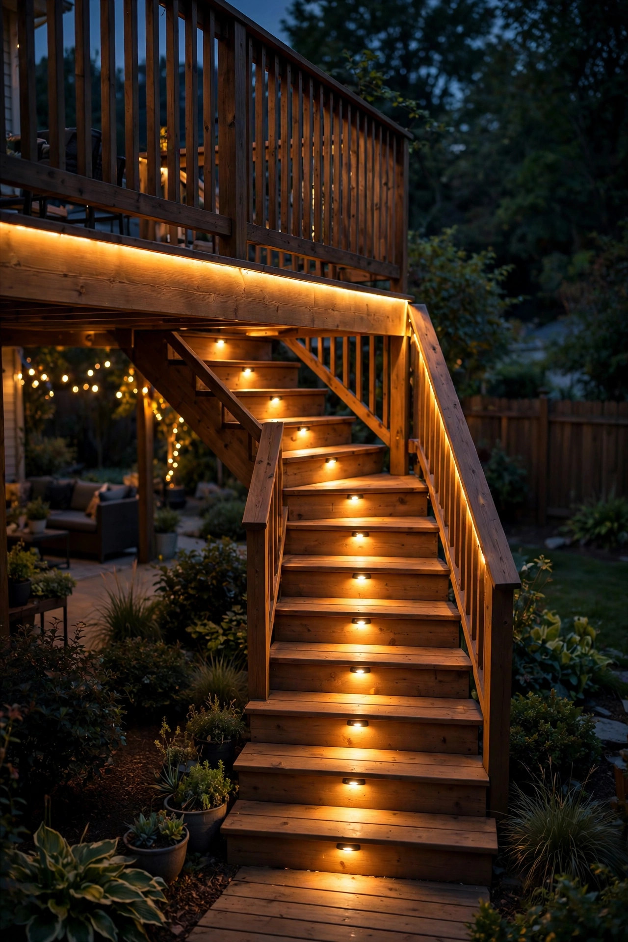 Under rail LED strips combined with recessed step lights on deck stairs glowing together at night