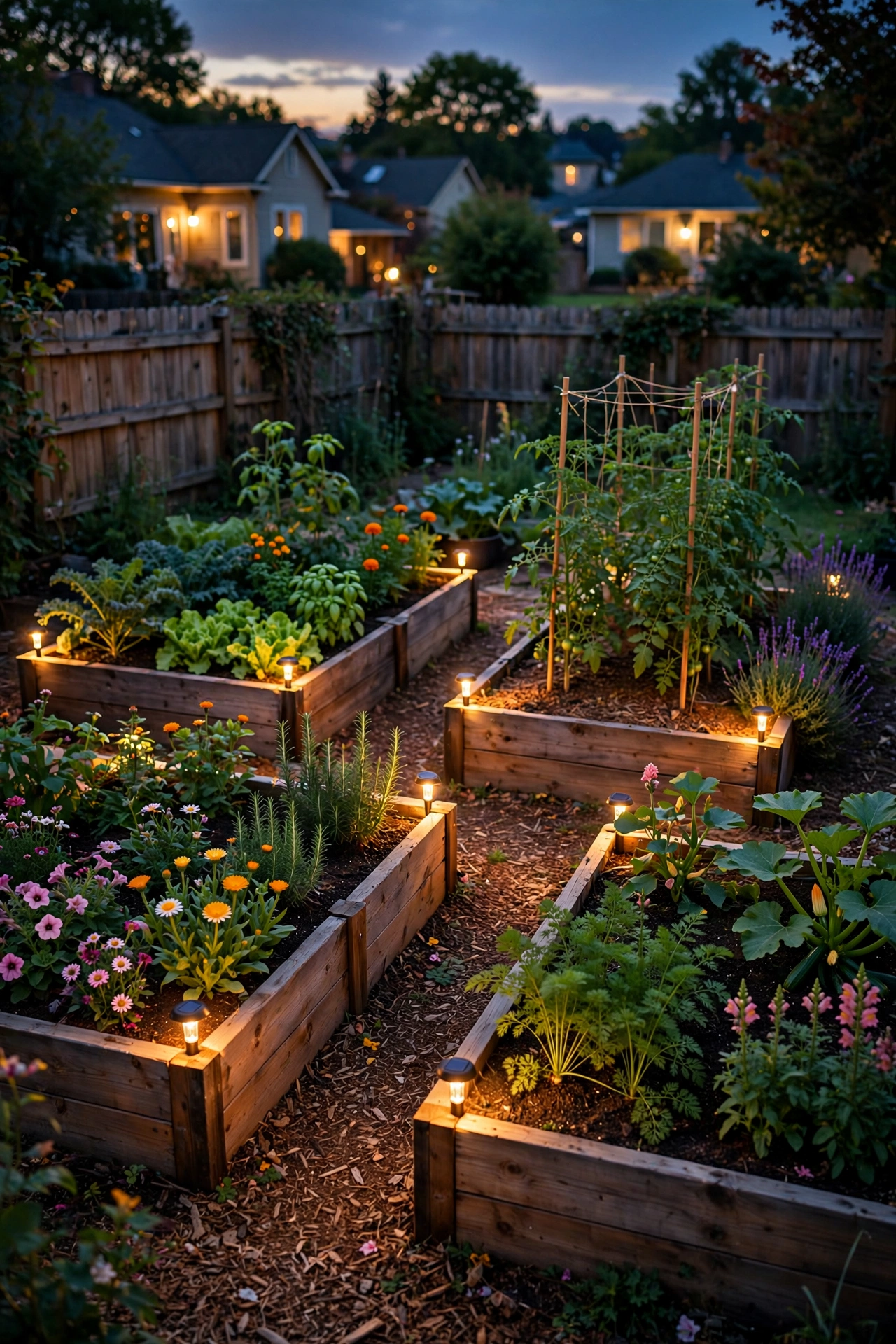 Raised garden beds glowing with small corner lights at night