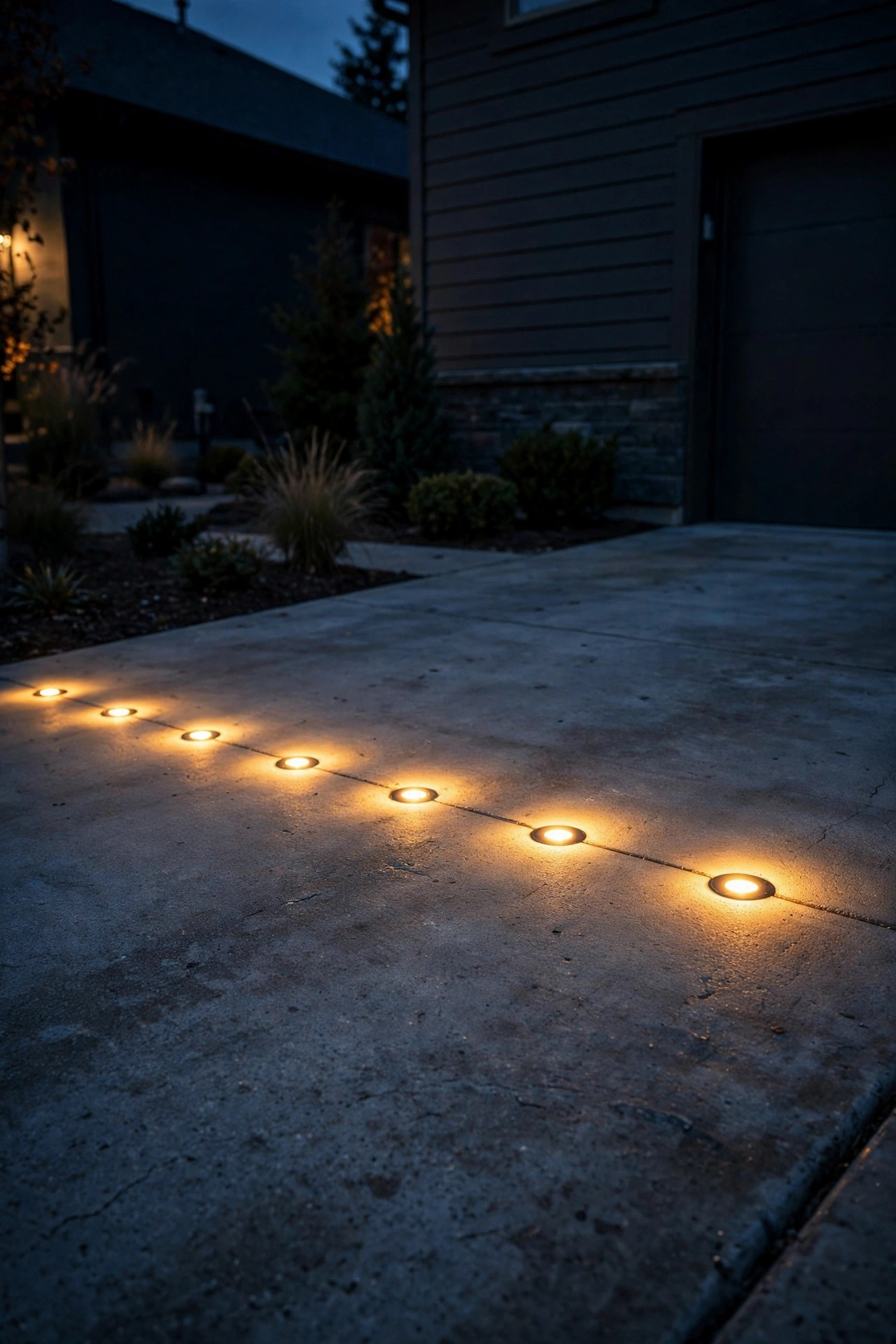 Recessed marker lights glowing in a neat row across a concrete driveway apron at night