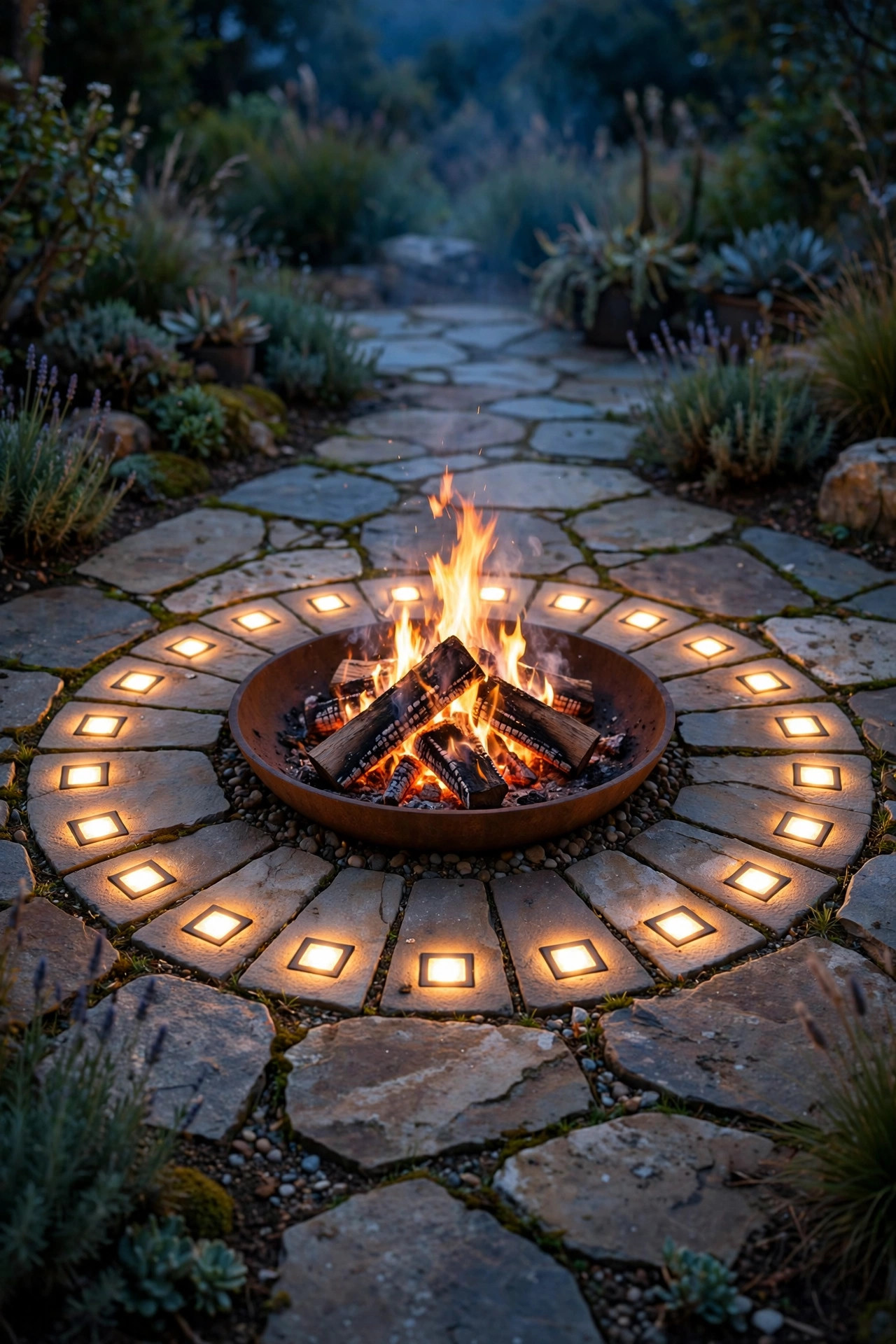 Recessed paver lights set flush in stone flooring forming a glowing ring around a fire bowl