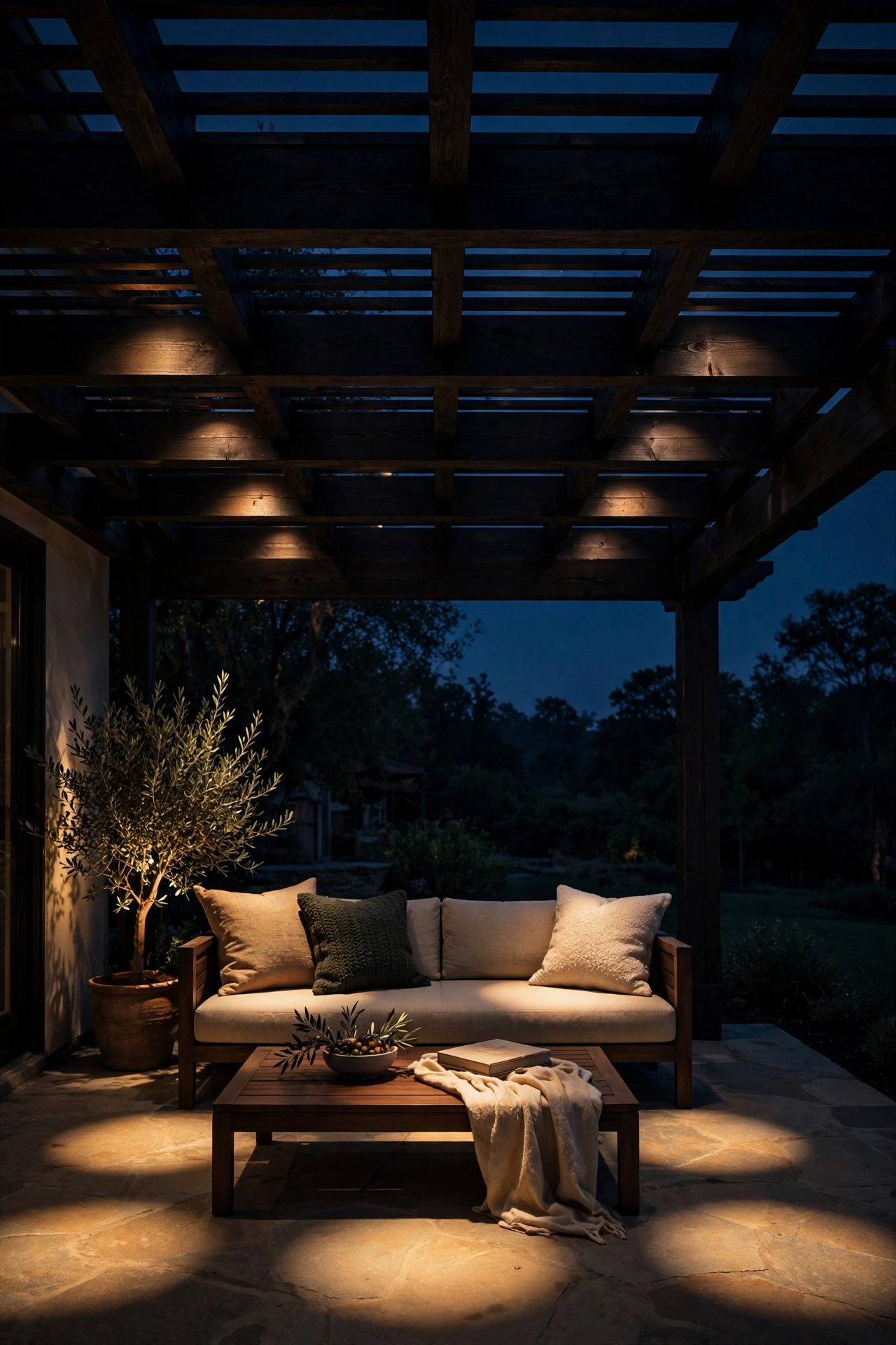 Recessed downlights glowing from wooden pergola beams over a back porch lounge