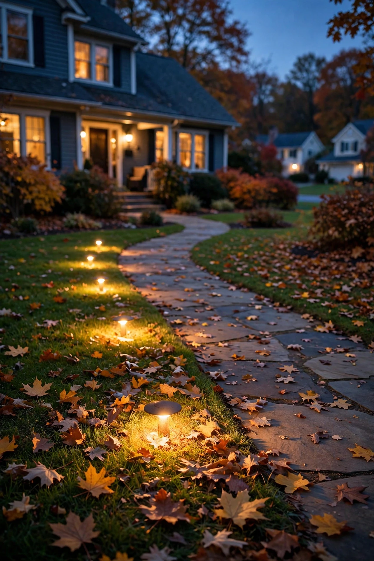 Recessed in-ground well lights glowing flush with lawn beside a stone pathway
