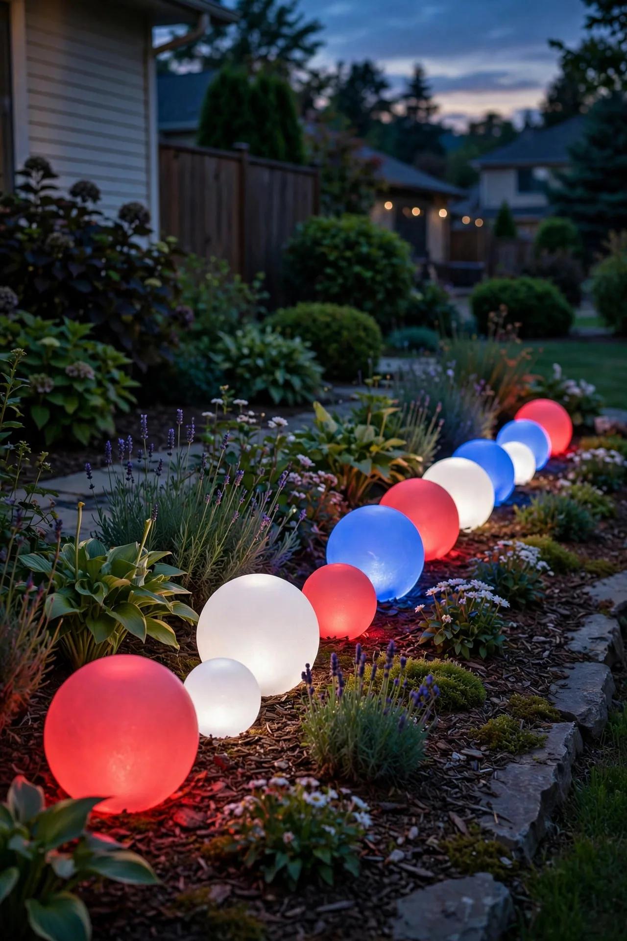 Red, white, and blue lighted garden orbs glowing along a flowerbed at night