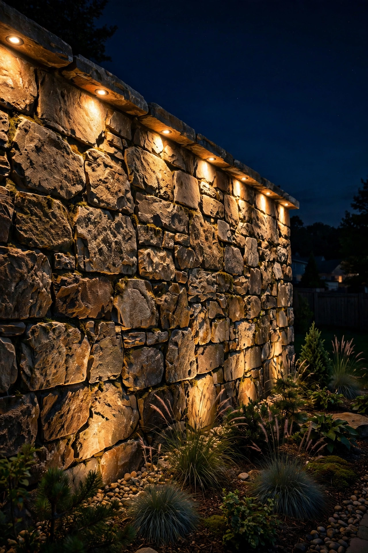 Recessed paver lights washing warm light down a stone retaining wall at night