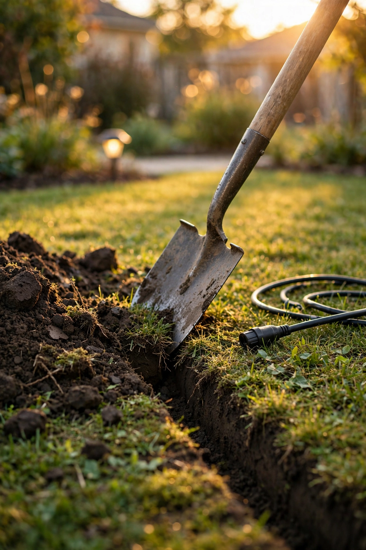 Hand pressing an exposed landscape lighting cable into a narrow slot trench during a retrofit to hide visible wires