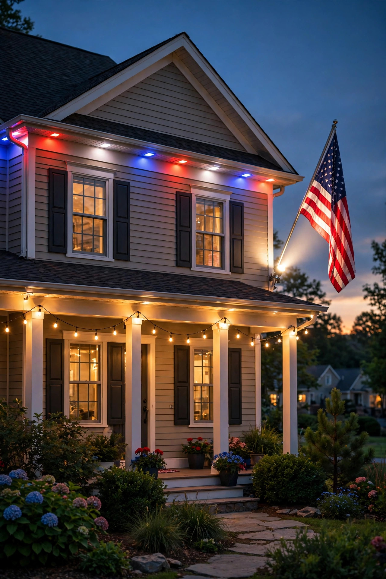 Home decorated for the Fourth of July with red white and blue rgb outdoor lights, string lights and a spotlight on the flag