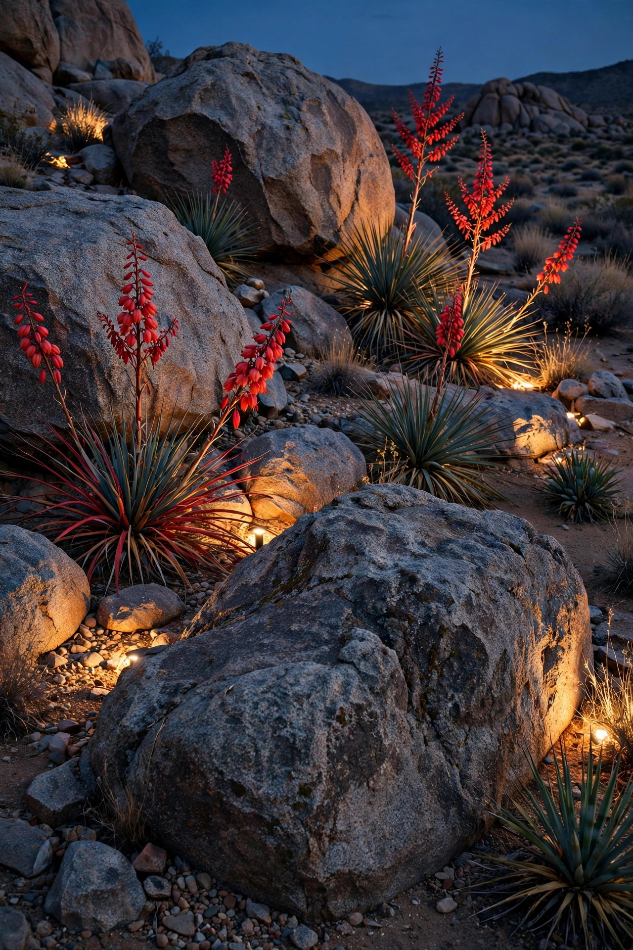 Granite boulders and red yucca in a desert rock garden lit by low grazing accent lights at night