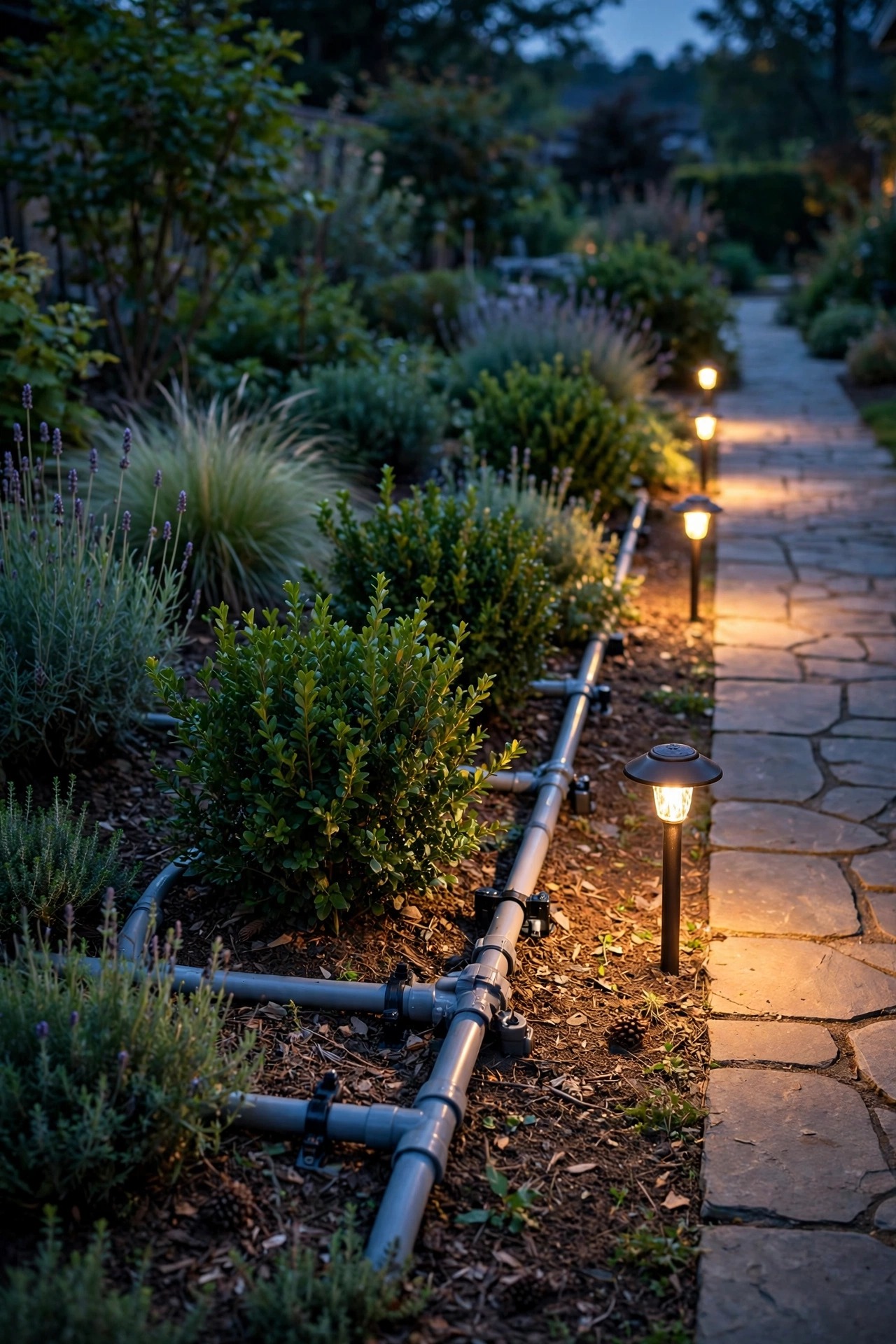 Garden bed at dusk with landscape cable protected in conduit where it passes shrubs, rabbits kept at bay, warm path lights glowing along the walkway
