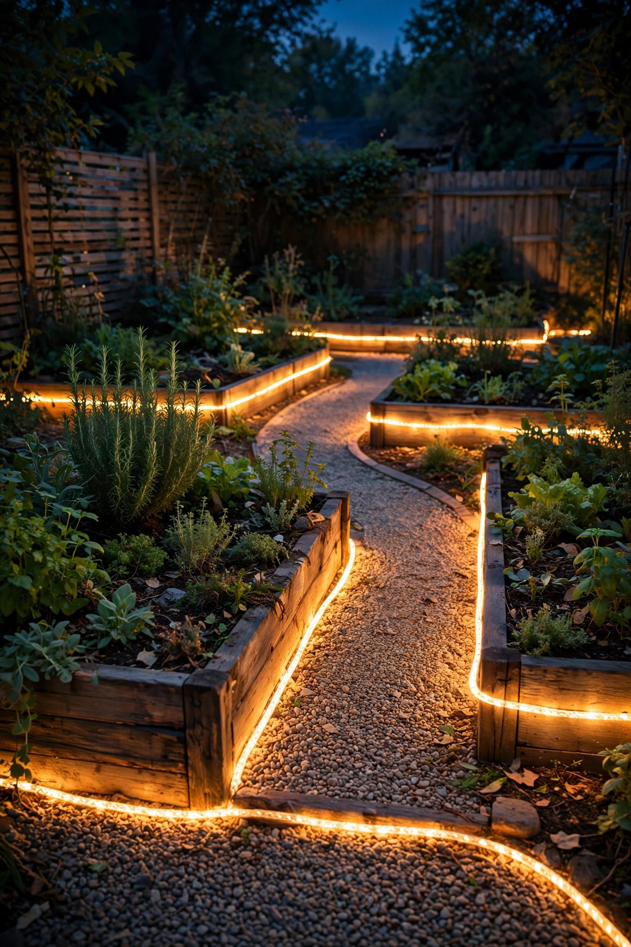 Warm rope light tracing the base edges of raised garden beds and defining a gravel path at night