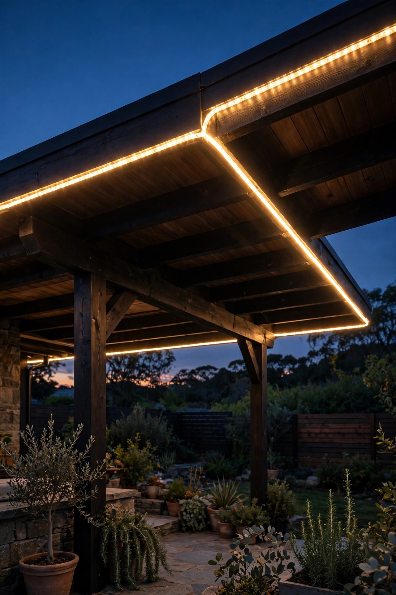 Warm LED rope light tracing the open edge of a covered patio roofline at night
