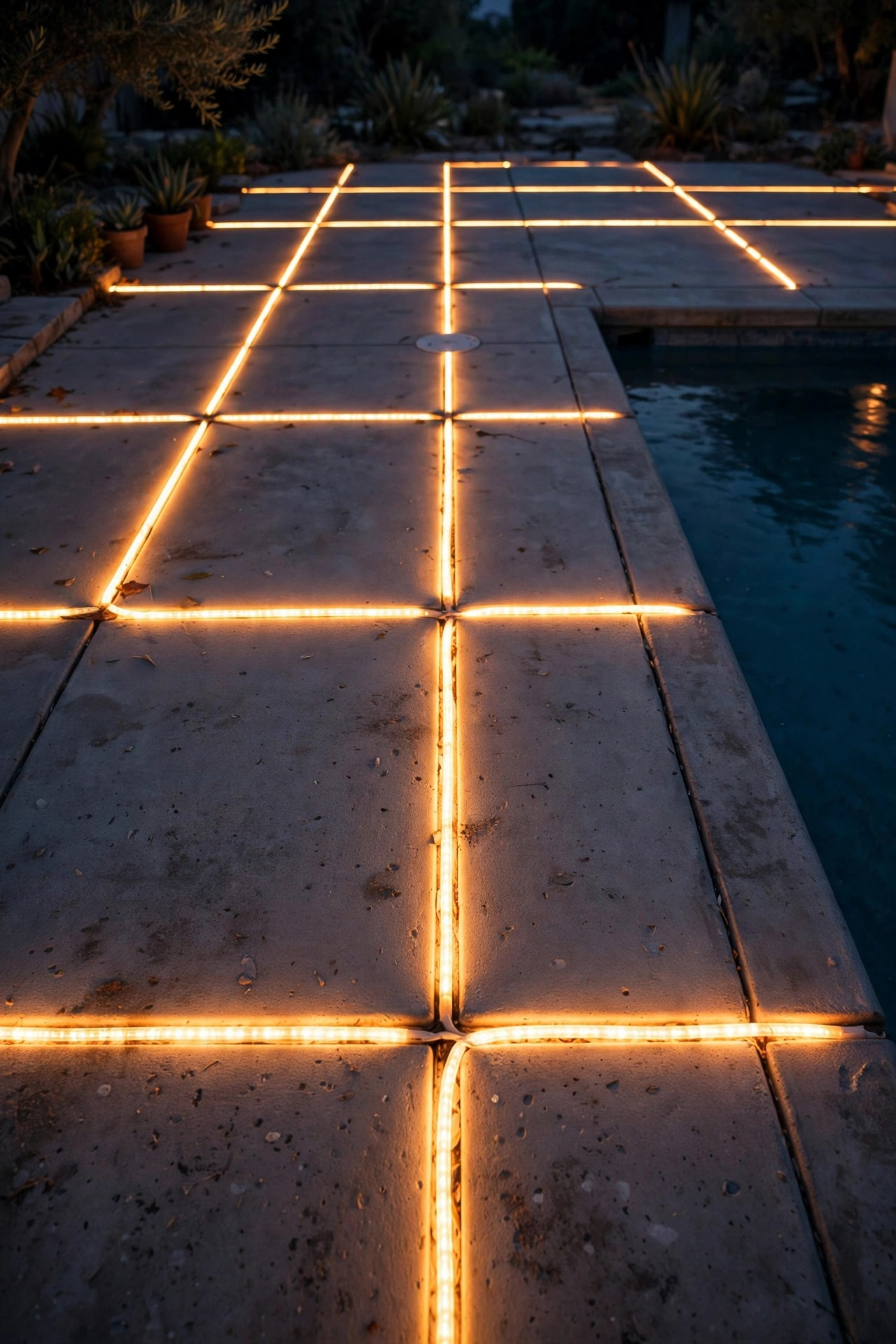 Warm rope light tucked into the expansion joints of a concrete pool deck drawing glowing lines across the deck at night
