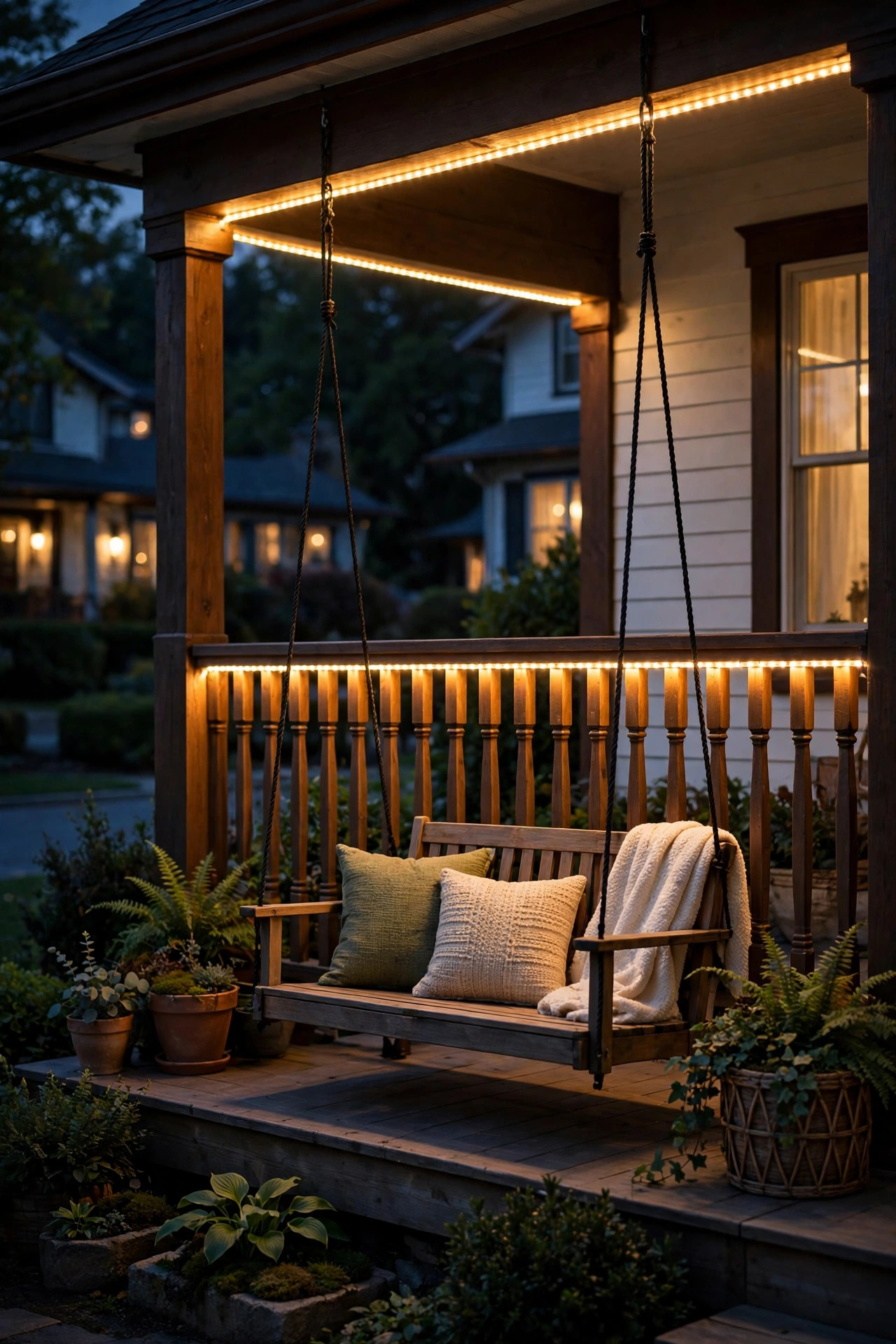 Warm LED rope light tracing the underside of a porch railing in front of a swing at night