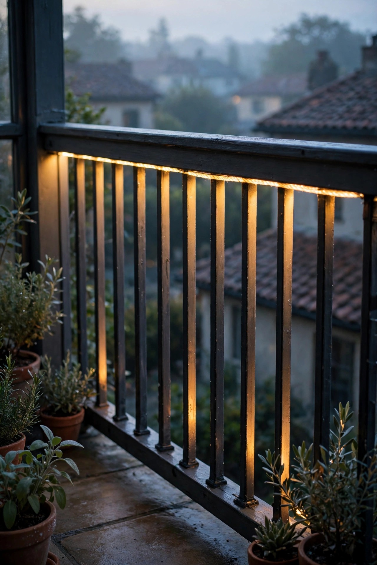 Warm rope light hidden under a balcony railing casting an indirect glow down the balusters at dawn