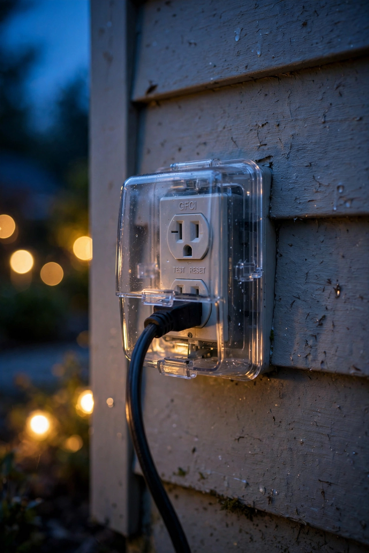 Finger pressing the test button on an outdoor GFCI outlet with landscape lighting plugged in nearby