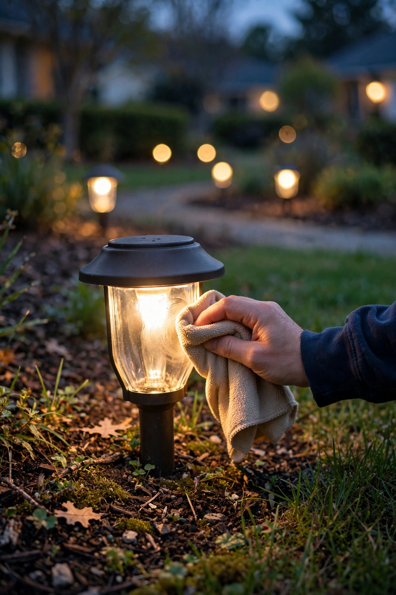 Homeowner cleaning landscape light lens during seasonal maintenance for curb appeal lighting