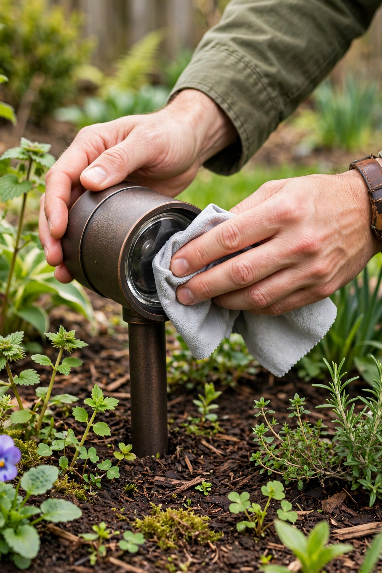 Person cleaning a low voltage path light lens with a cloth during a spring garden maintenance check
