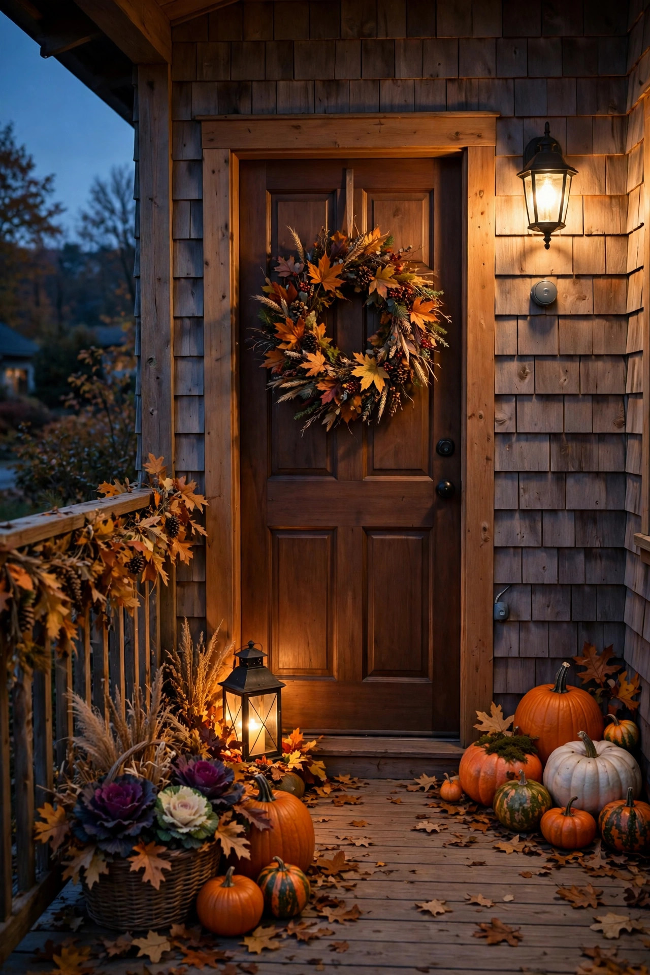 Cozy autumn porch with a glowing lantern, pumpkins and a fall wreath, photocell keeping the entry lit as the days grow shorter