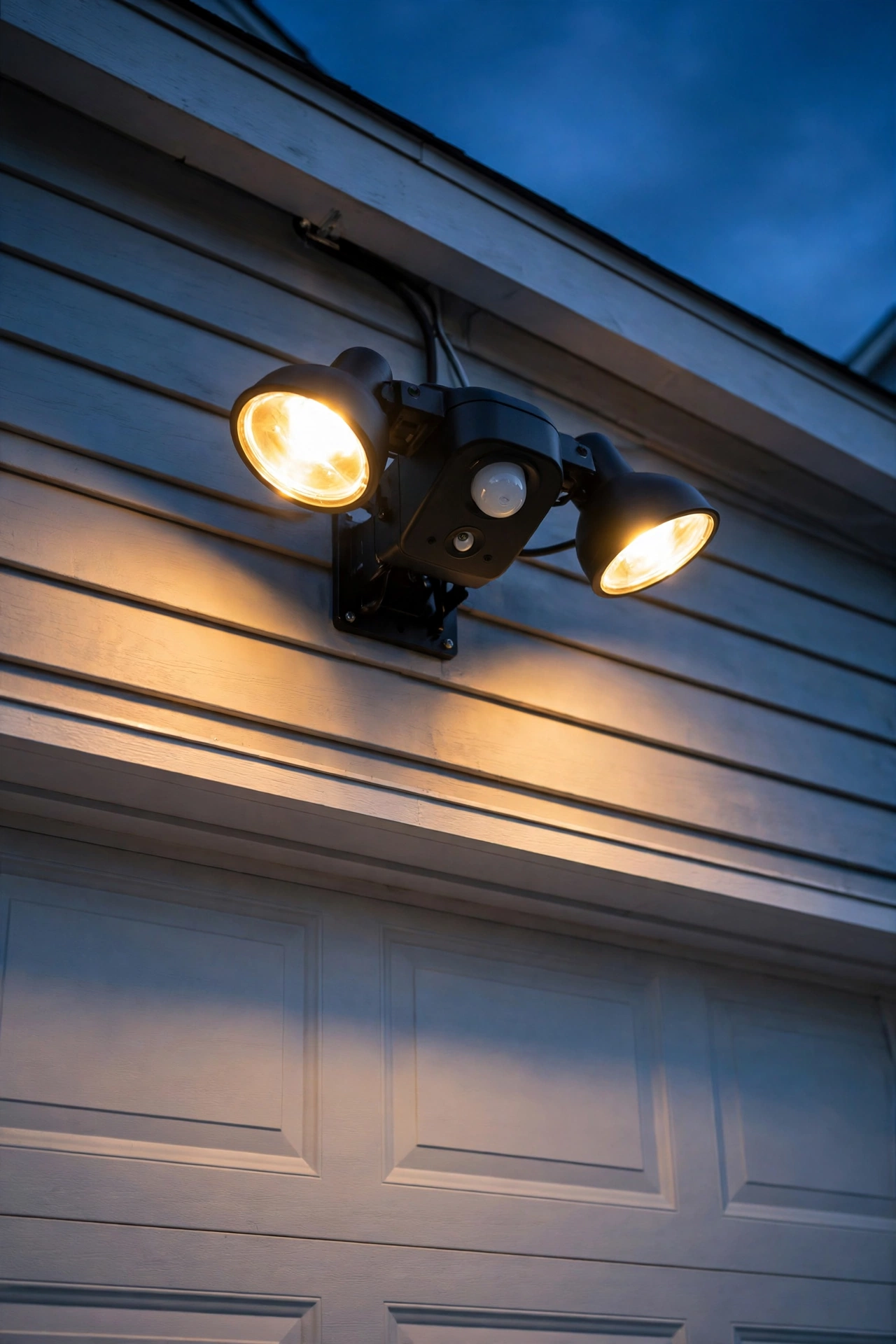 Homeowner installing a motion sensor floodlight above a garage, DIY home security lighting project
