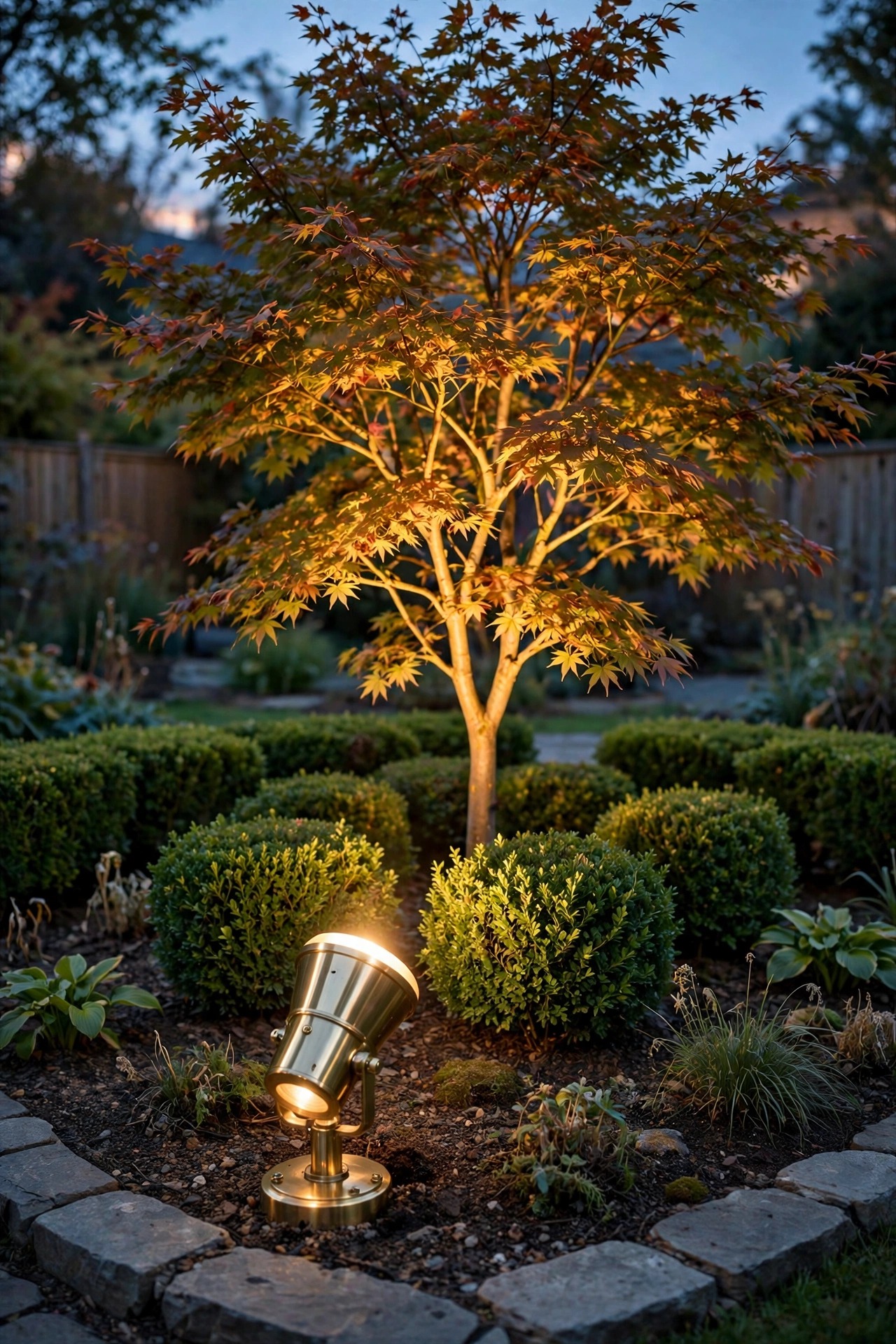 Photorealistic late afternoon view of a garden bed where a brass uplight has been freshly cleaned and re-aimed at an ornamental tree, trimmed shrubs around it, warm light just coming on at dusk