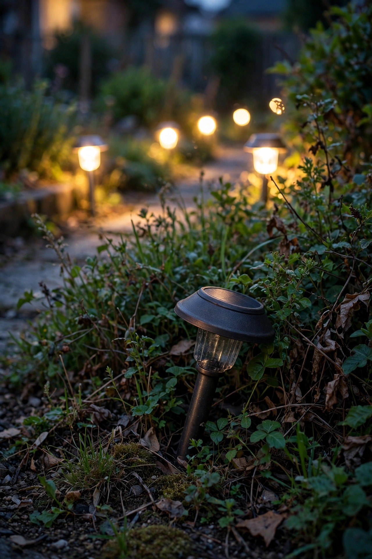A solar path light half-buried in overgrown shrubbery at dusk, glowing dimly while neighbors shine bright