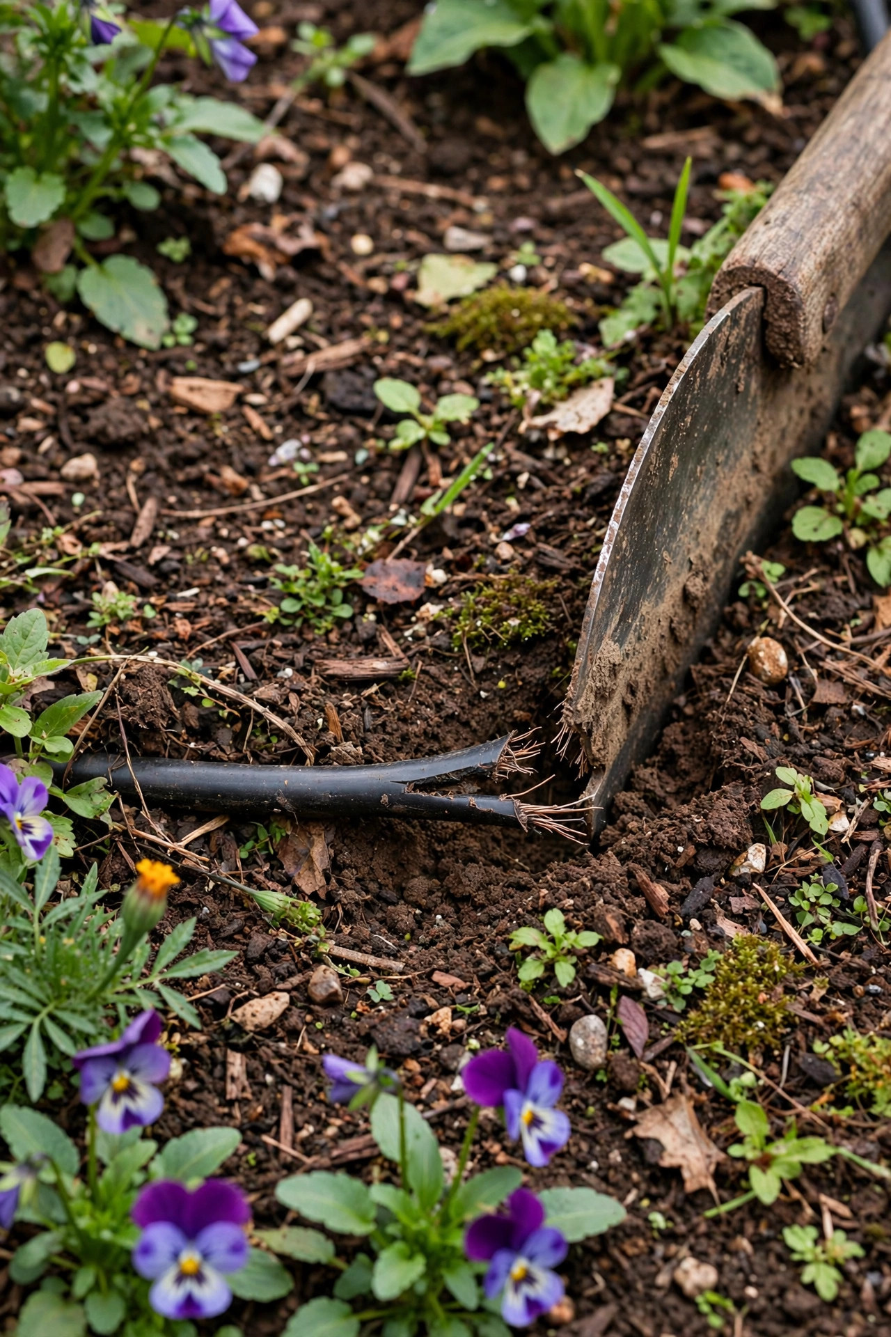 Exposed shallow landscape lighting cable nicked by a garden edger in a flower bed