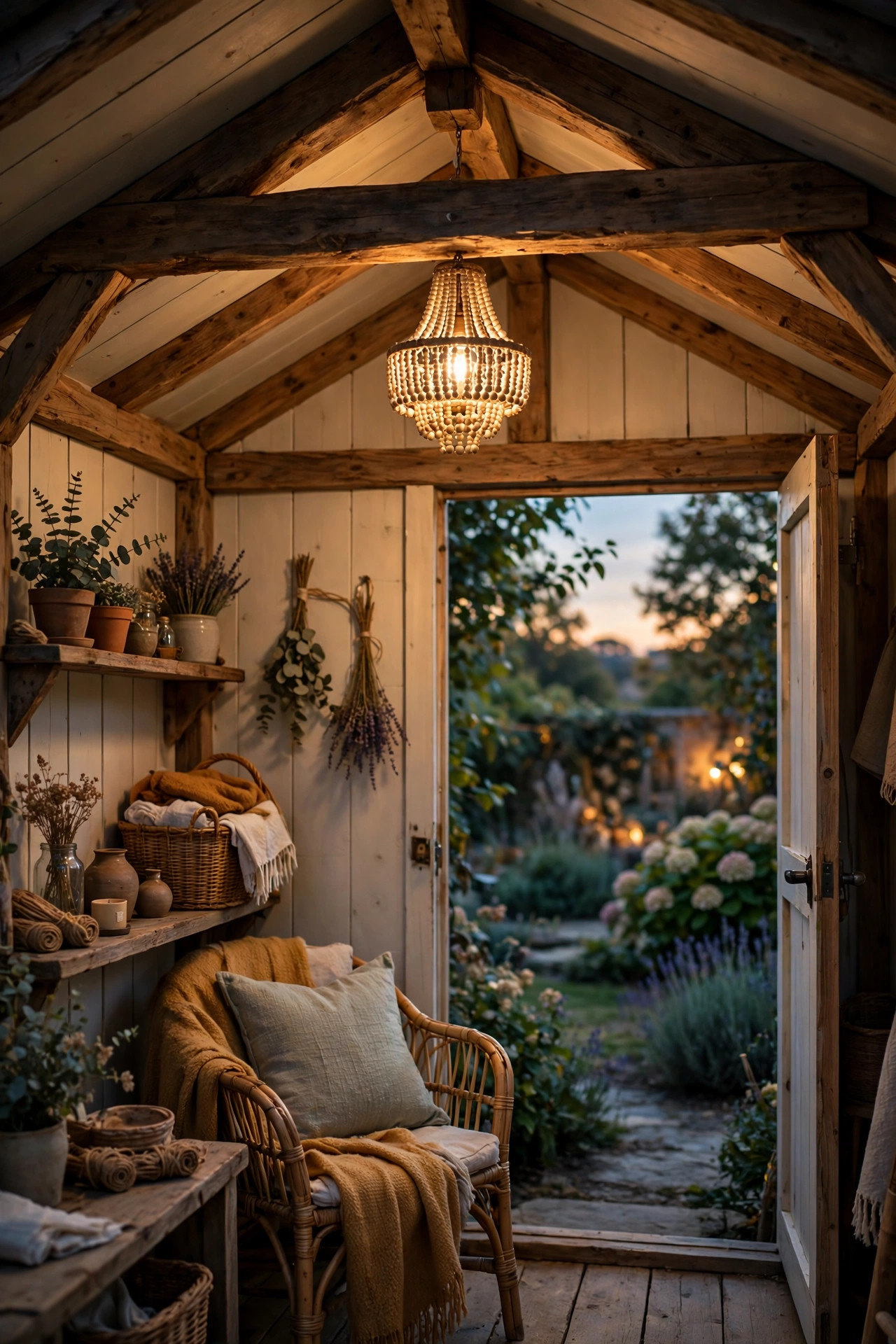 Small beaded chandelier glowing from the ridge beam of a charming she shed interior