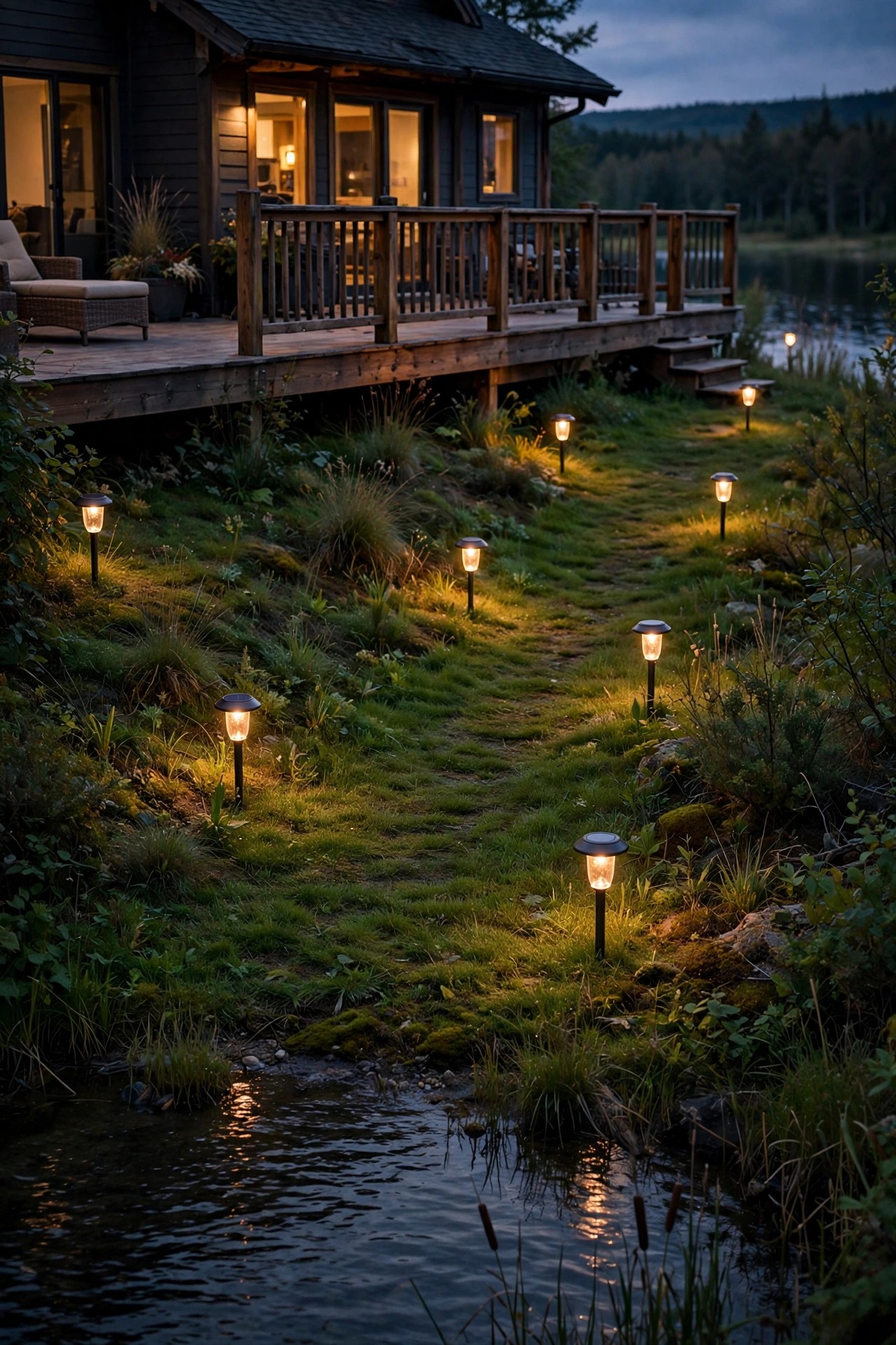 Solar path lights staggered along a grassy path from a lake house deck down to the water at dusk