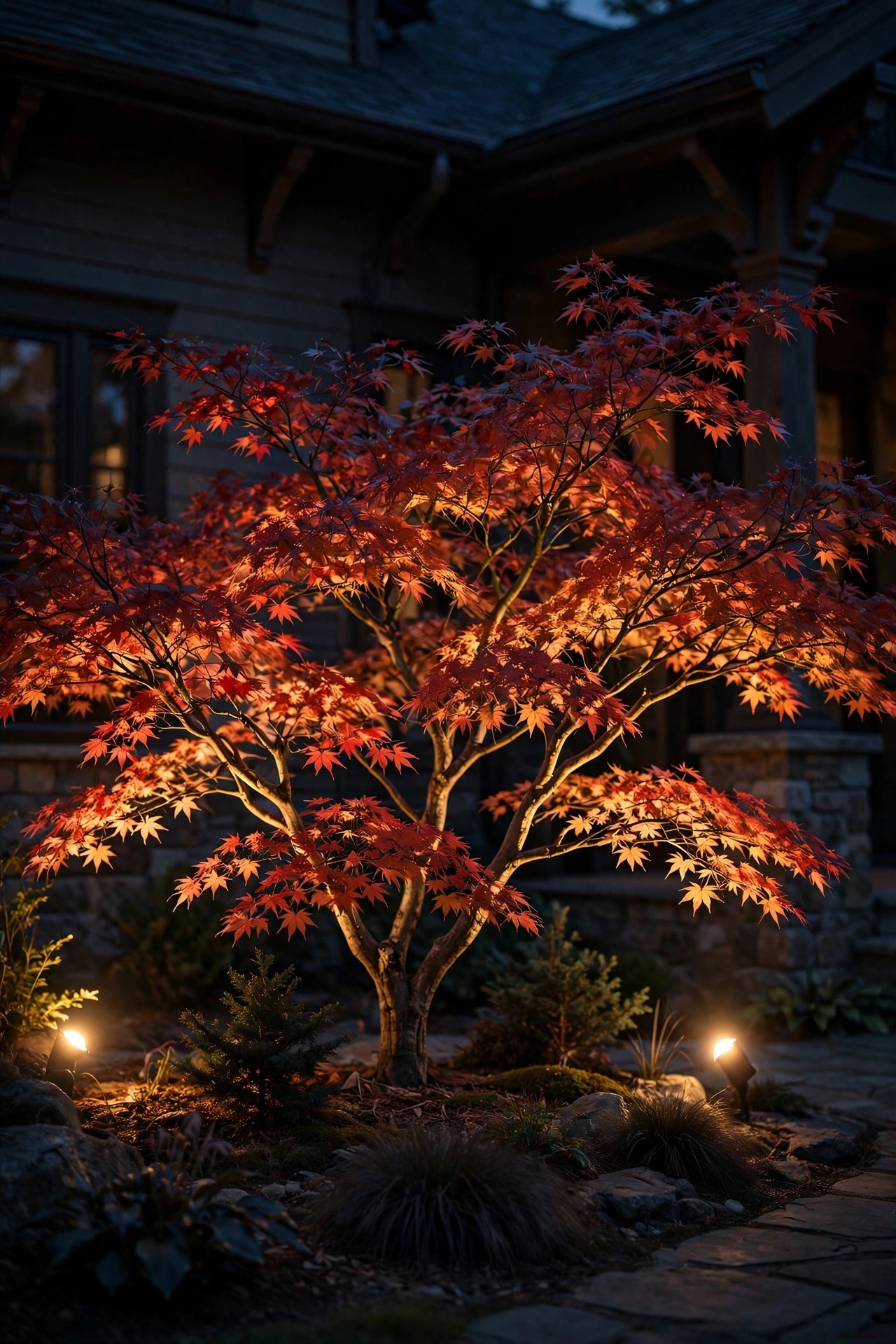 Japanese maple in a craftsman front yard softly spotlit from two sides at dusk, branches glowing against the dark