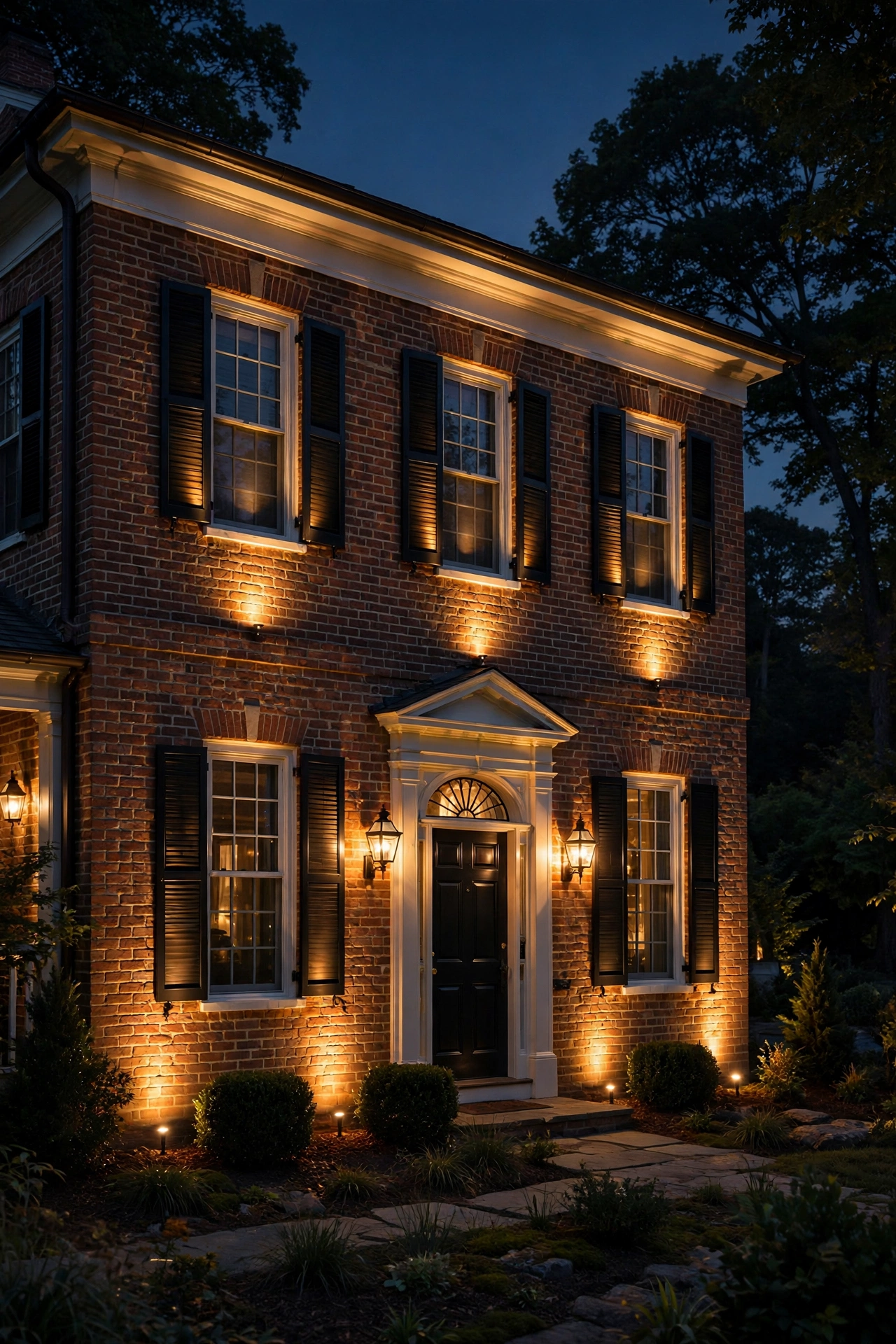 Accent spotlights washing dark shutters with warm light on a brick colonial at night