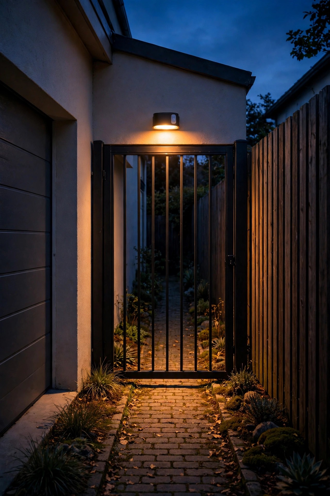 compact motion wall light glowing above a side gate between a garage and a fence at dusk, narrow path fully lit