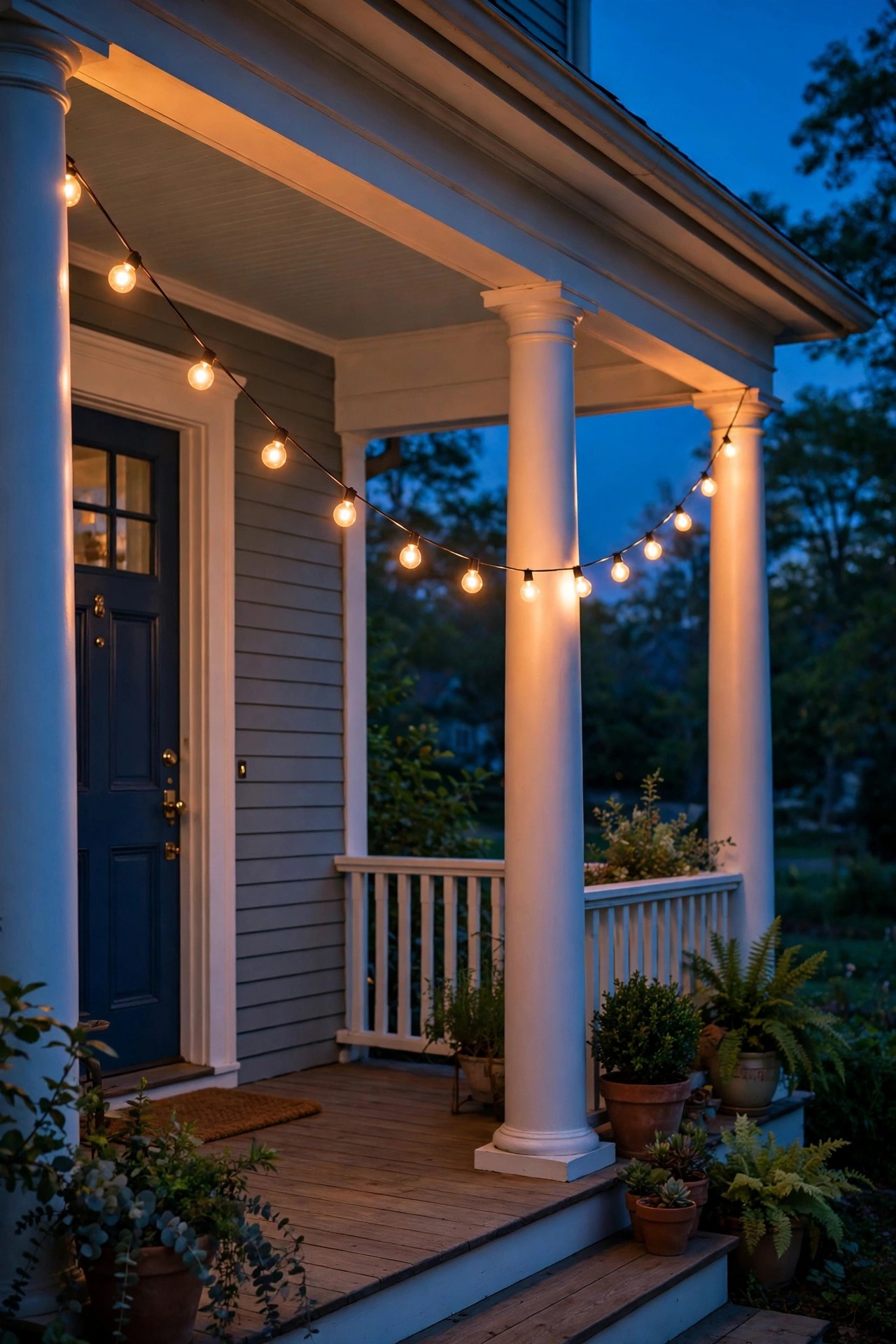 One elegant strand of warm globe string lights swagged across a classic front porch at dusk